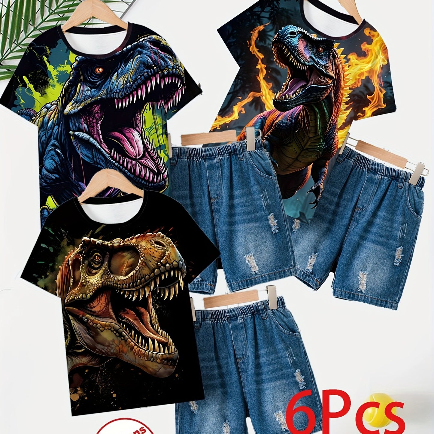 6pcs for Boys 3D Dinosaur Skills Cool Print Imitation Denim Casual Wear - Bright Splash Design T-shirt And Imitation Denim Shorts Set, Breathable Polyester Blend, 3 Sets Machine Washable - Perfect for Summer Fun, Perfect for