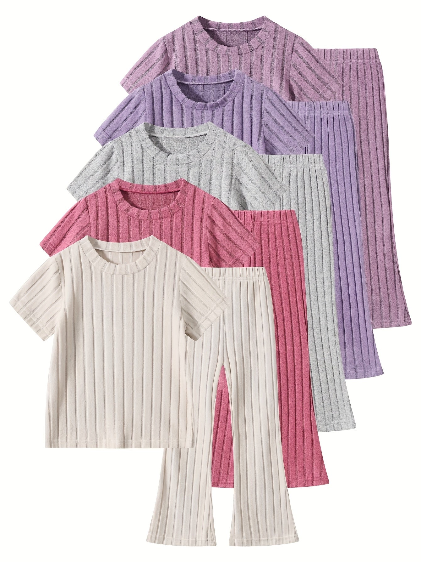 10pcs, Girls Knit Short Sleeve Top Solid Color with Flared Pants Summer Pretty Casual Set, Perfect for Outdoor