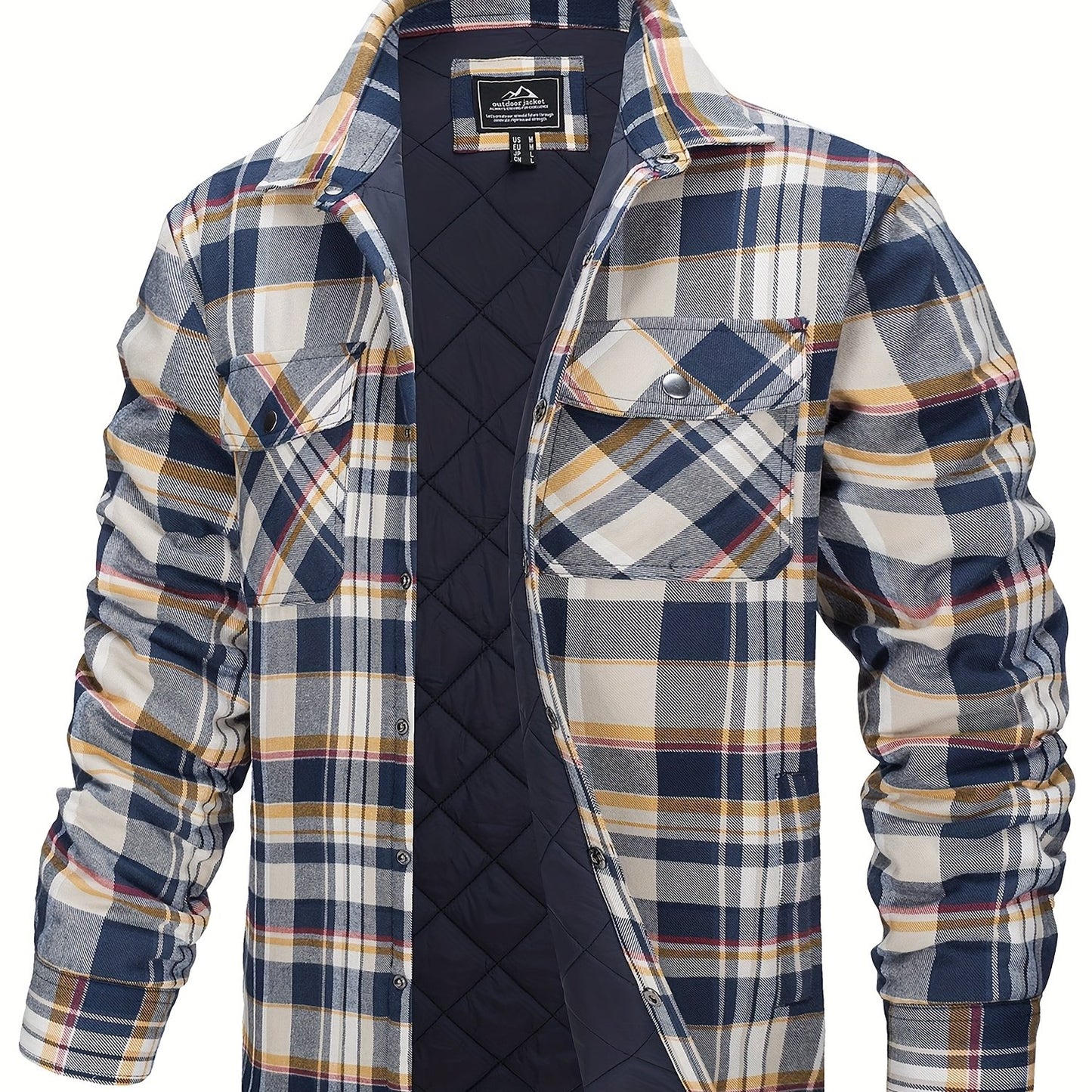 Men's Plaid Flannel Shacket Fleece Lined Quilted Long Sleeve Button Jacket with Dual Chest Pockets Cozy and Stylish for Casual Wear College Travel Parties Street Fashion Jacket Classic Plaid Design
