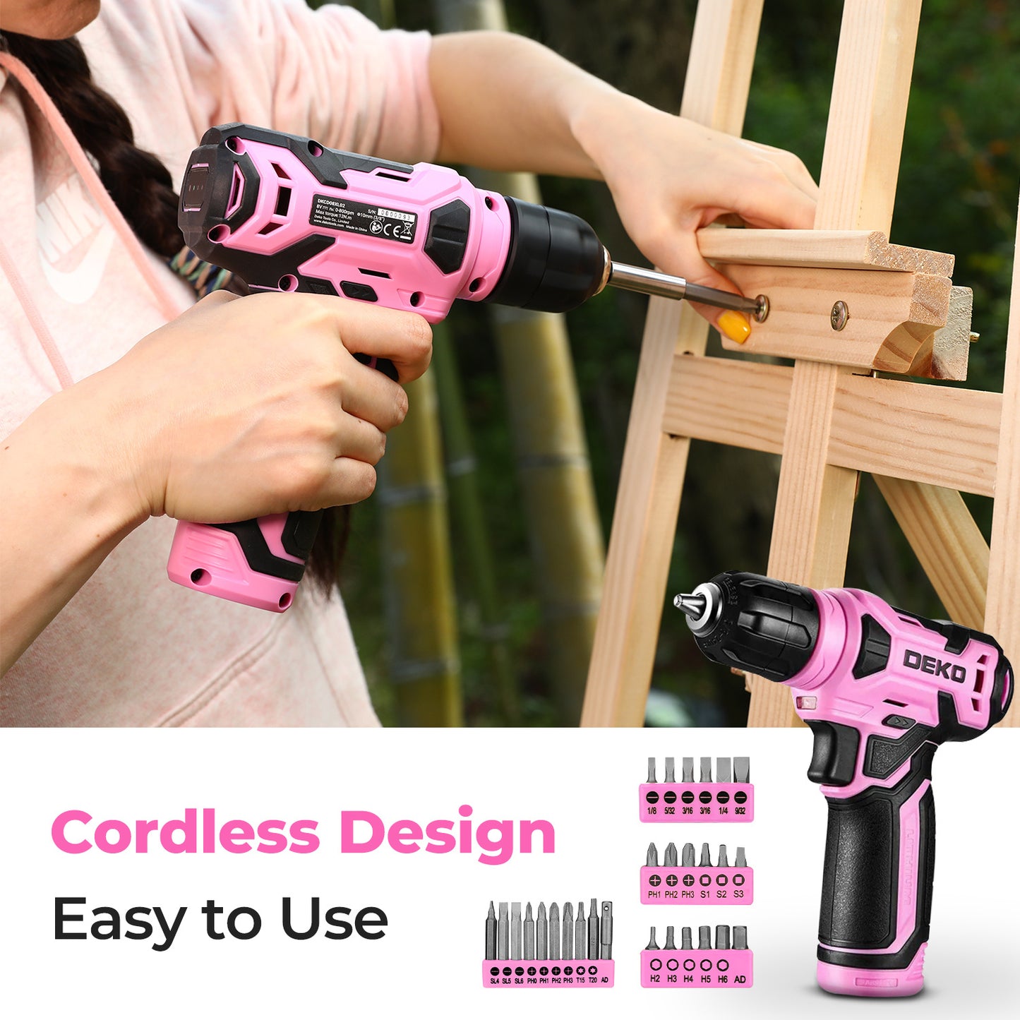 DEKO 126PCS Pink Power Tools Box With 8V Cordless Drill / Driver, Tape Measure, Hammer, Screwdriver Set and Precision Tool, Portable Hand Toolbox for Garden, DIY Home Projects, Outdoor Repairs, Camping, Woodworking Tools and
