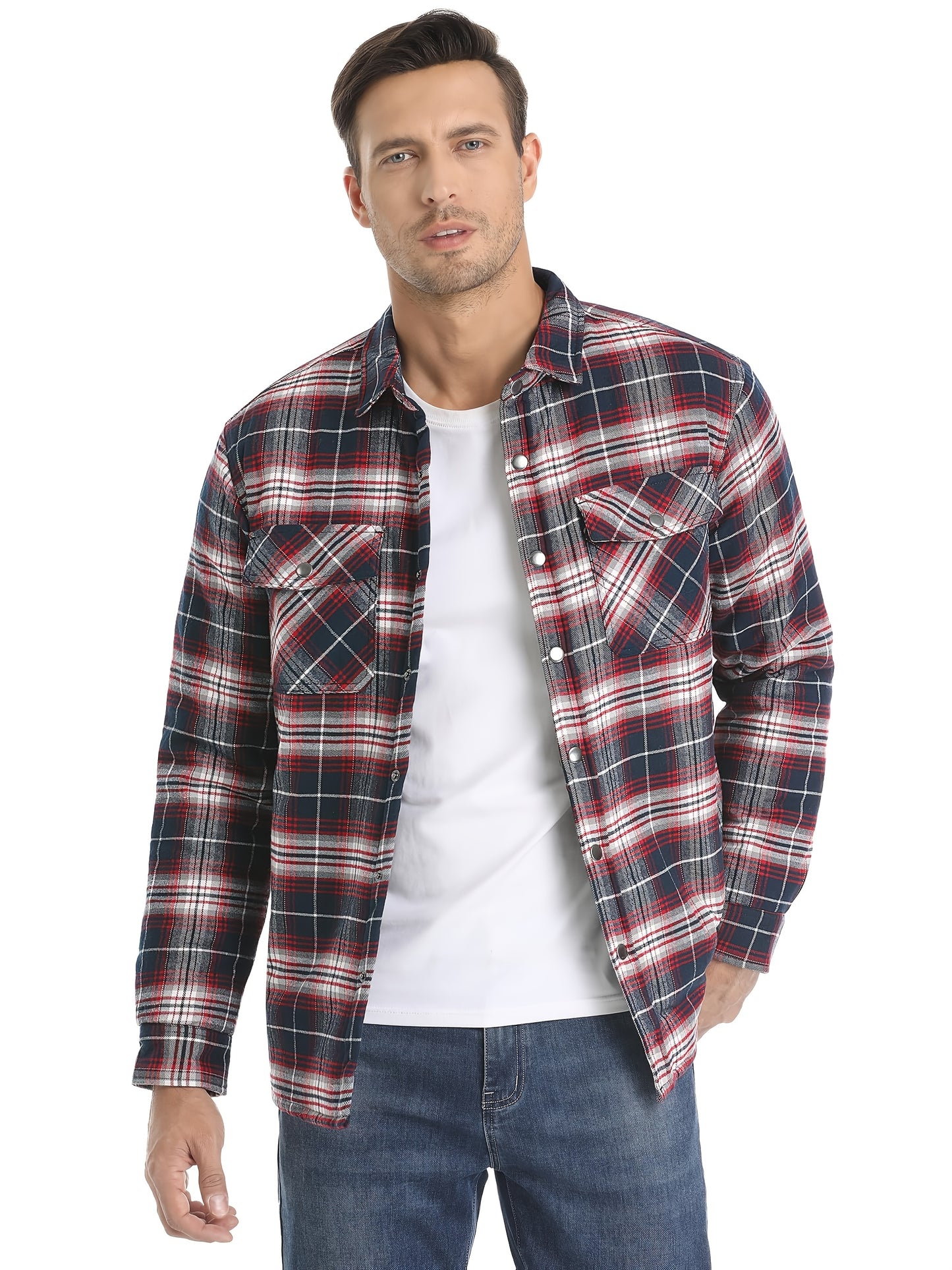 Men's Plaid Flannel Shacket Fleece Lined Quilted Long Sleeve Button Jacket with Dual Chest Pockets Cozy and Stylish for Casual Wear College Travel Parties Street Fashion Jacket Classic Plaid Design