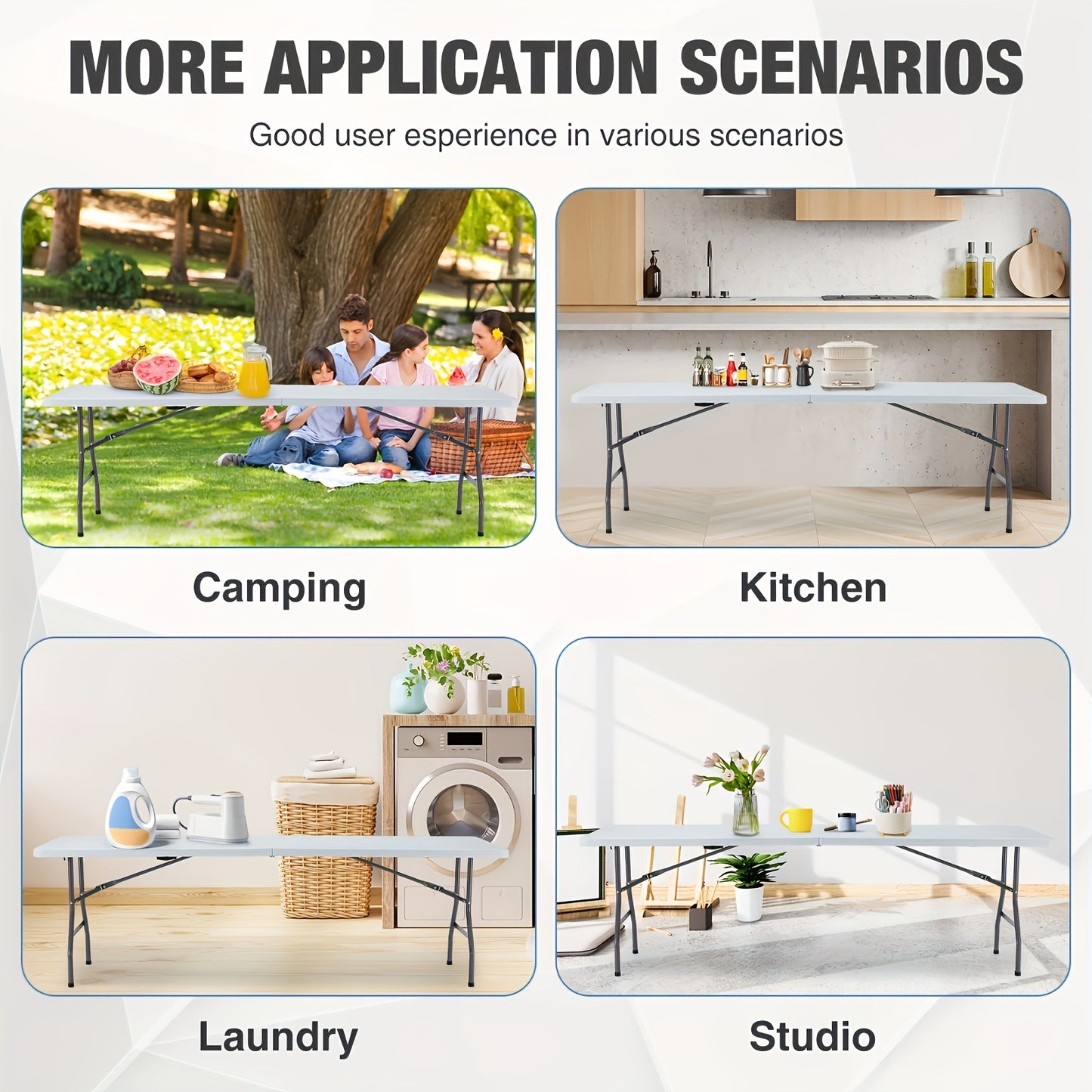 4 FT/ 6 FT Plastic Folding Dining Table, White High Duty Rectangular Dining Table with Carrying Handle, Portable In/Outdoor Camping Picnic Garden Party Dining & Office Meeting Desk, Multipurpose