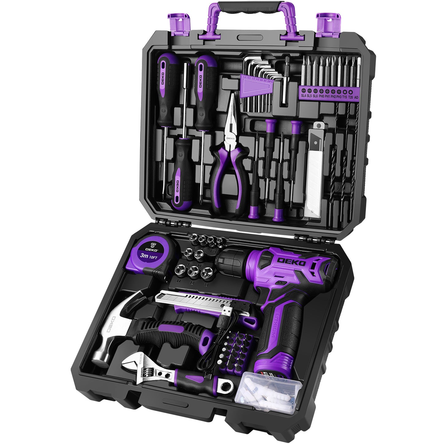 DEKO 126PCS Pink Power Tools Box With 8V Cordless Drill / Driver, Tape Measure, Hammer, Screwdriver Set and Precision Tool, Portable Hand Toolbox for Garden, DIY Home Projects, Outdoor Repairs, Camping, Woodworking Tools and