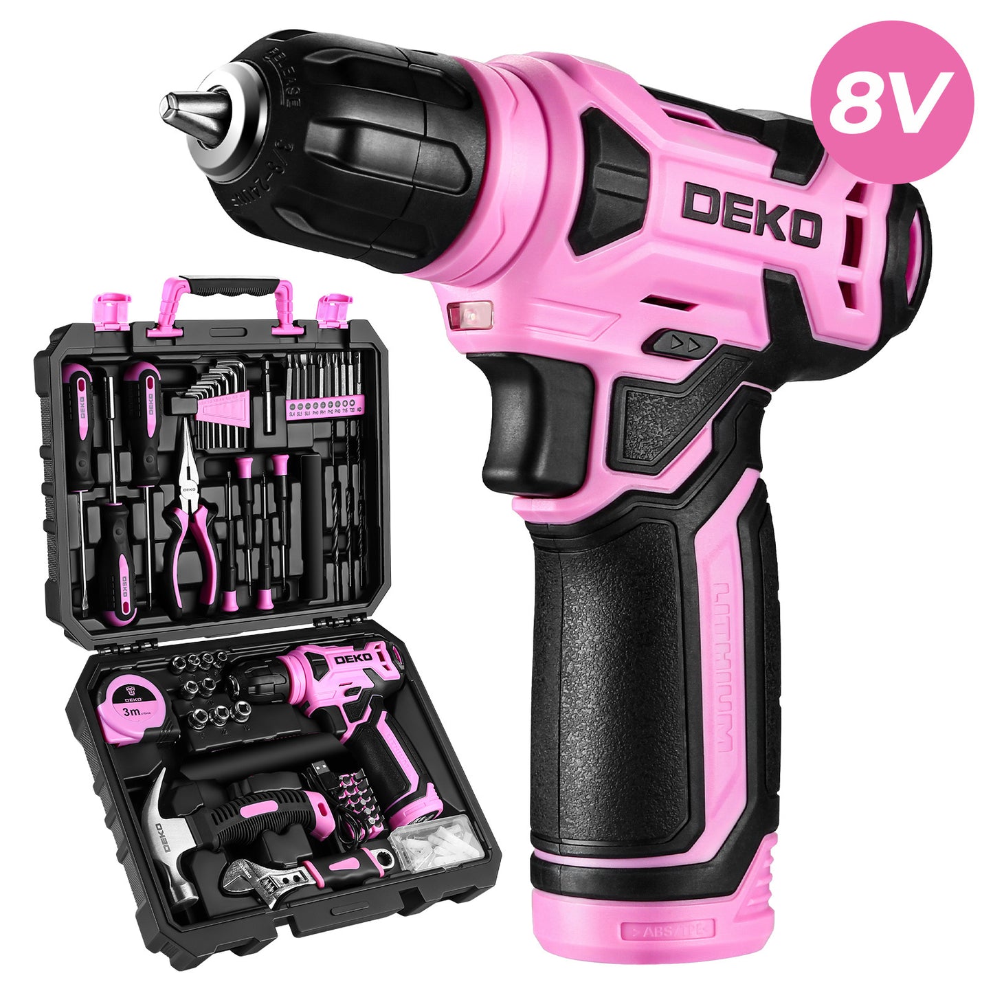 DEKO 126PCS Pink Power Tools Box With 8V Cordless Drill / Driver, Tape Measure, Hammer, Screwdriver Set and Precision Tool, Portable Hand Toolbox for Garden, DIY Home Projects, Outdoor Repairs, Camping, Woodworking Tools and