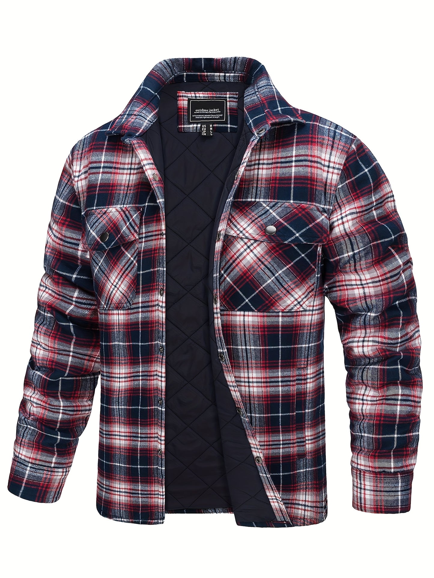 Men's Plaid Flannel Shacket Fleece Lined Quilted Long Sleeve Button Jacket with Dual Chest Pockets Cozy and Stylish for Casual Wear College Travel Parties Street Fashion Jacket Classic Plaid Design