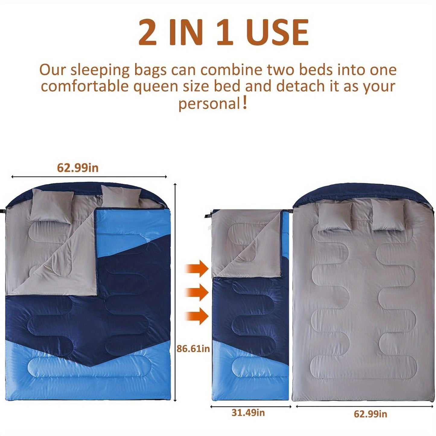 Adult Double Sleeping Bag for 2 People - XL Size, 3 Seasons, Cold & Warm Weather, Includes 2 Pillows, Ideal for Camping, Backpacking or Hiking
