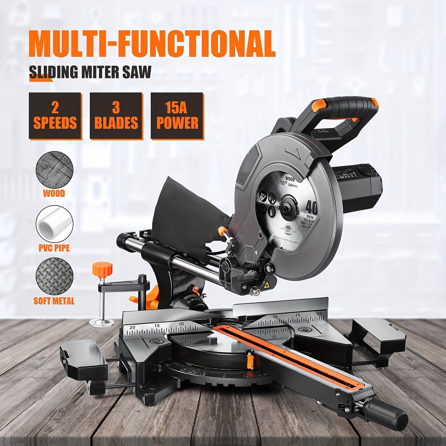DOVAMAN 15A 10in Sliding Miter Saw, 3 Blades & 2-Speed (3200/5000RPM) for Wood/Metal/PVC Cuts, 0-45° Single-Bevel, Laser Guide, Max 13.4"x3.5" Cut, Dado Slot & 9 Stops