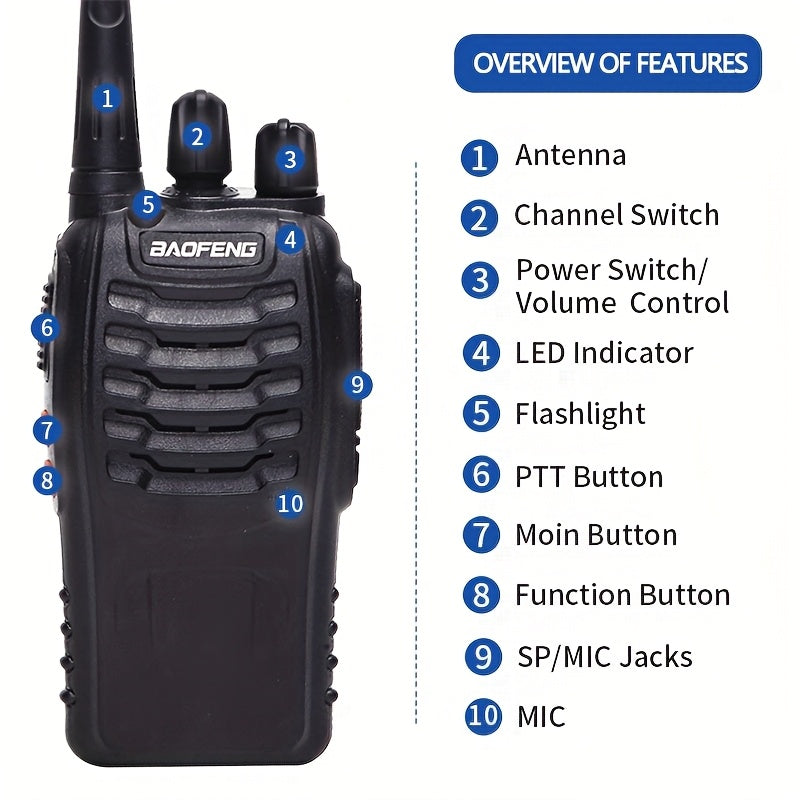 4 Pack Walkie Talkies Baofeng BF-888S Wireless Two Way Radios 16 Channels 400-480MHZ Rechargeable Handheld Long Range Power Flashlight for Adults with Earpieces Outdoor Equipment for Skiing Camping and Hunting
