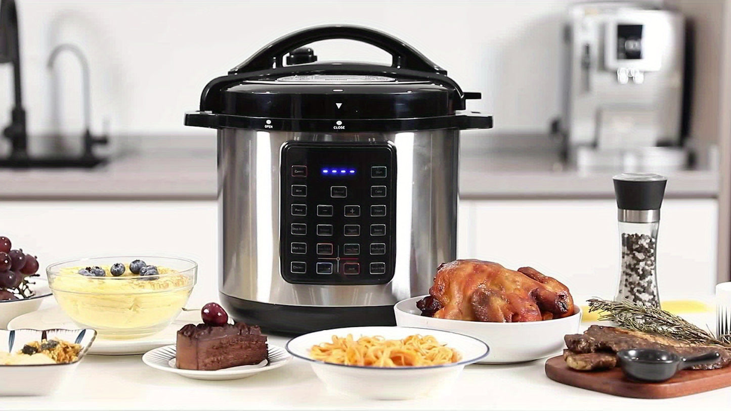 12-in-1 Stainless Steel Electric Pressure Cooker & Warmer - 6/8 Quart Multi-Cooker with Sterilizer, Saute, and Timer Functions, Black Lid, Perfect for Healthy Cooking and Meal Prep, Kitchen Appliance | Sleek Kitchenware | Hig