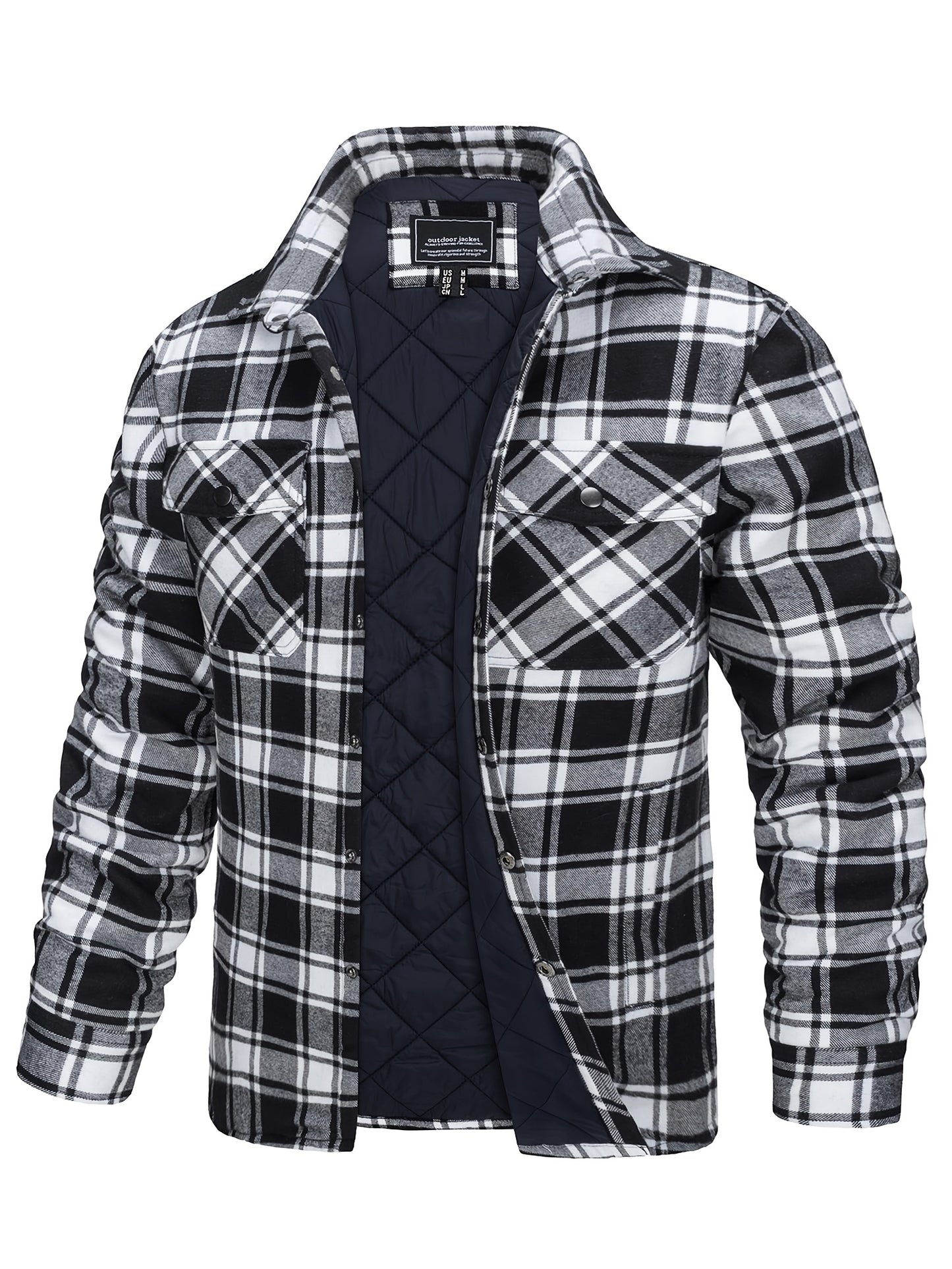 Men's Plaid Flannel Shacket Fleece Lined Quilted Long Sleeve Button Jacket with Dual Chest Pockets Cozy and Stylish for Casual Wear College Travel Parties Street Fashion Jacket Classic Plaid Design