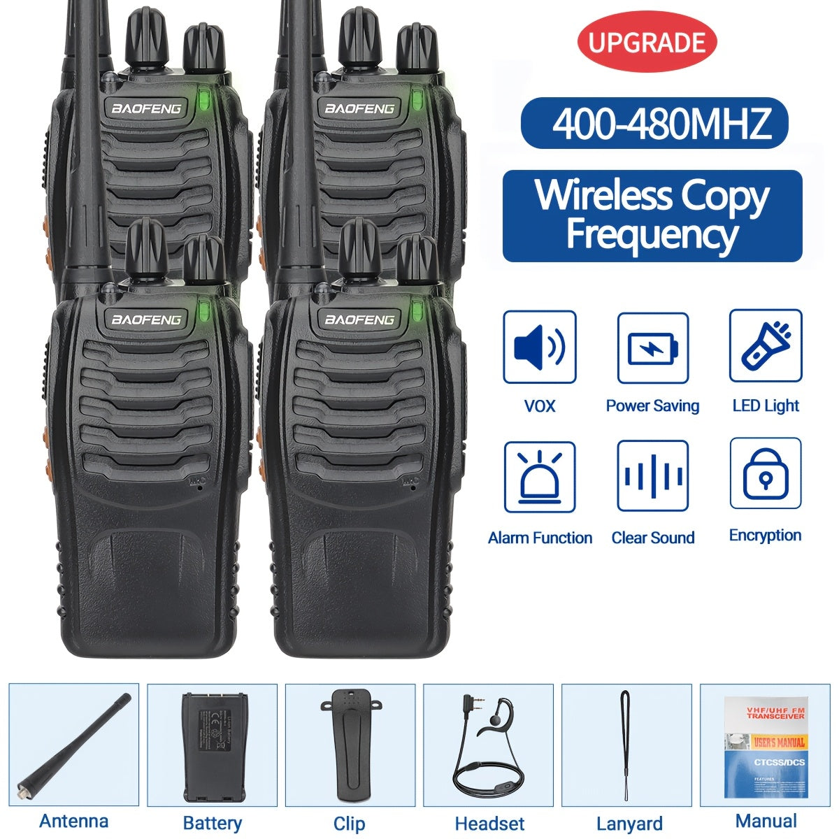 4 Pack Walkie Talkies Baofeng BF-888S Wireless Two Way Radios 16 Channels 400-480MHZ Rechargeable Handheld Long Range Power Flashlight for Adults with Earpieces Outdoor Equipment for Skiing Camping and Hunting