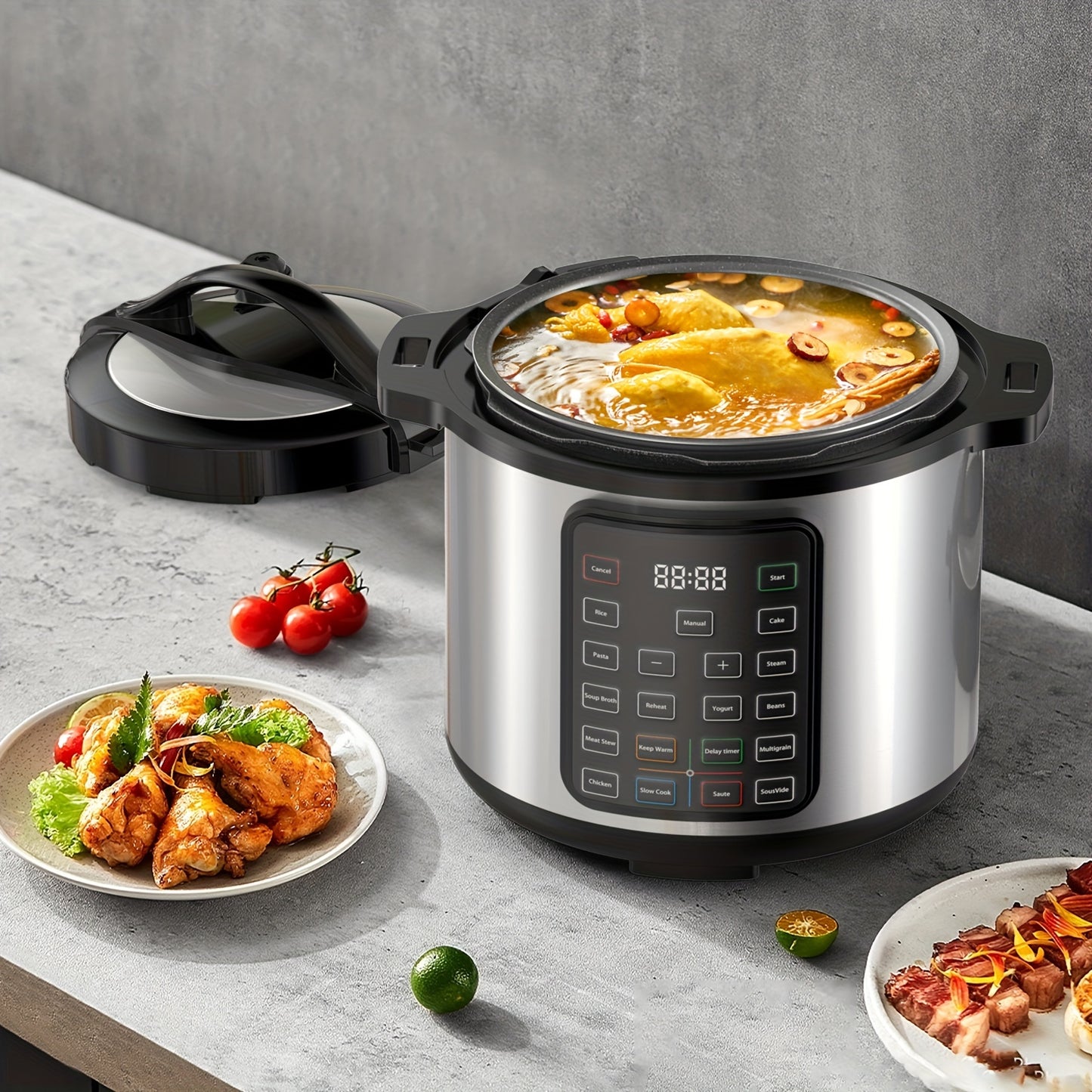 12-in-1 Stainless Steel Electric Pressure Cooker & Warmer - 6/8 Quart Multi-Cooker with Sterilizer, Saute, and Timer Functions, Black Lid, Perfect for Healthy Cooking and Meal Prep, Kitchen Appliance | Sleek Kitchenware | Hig