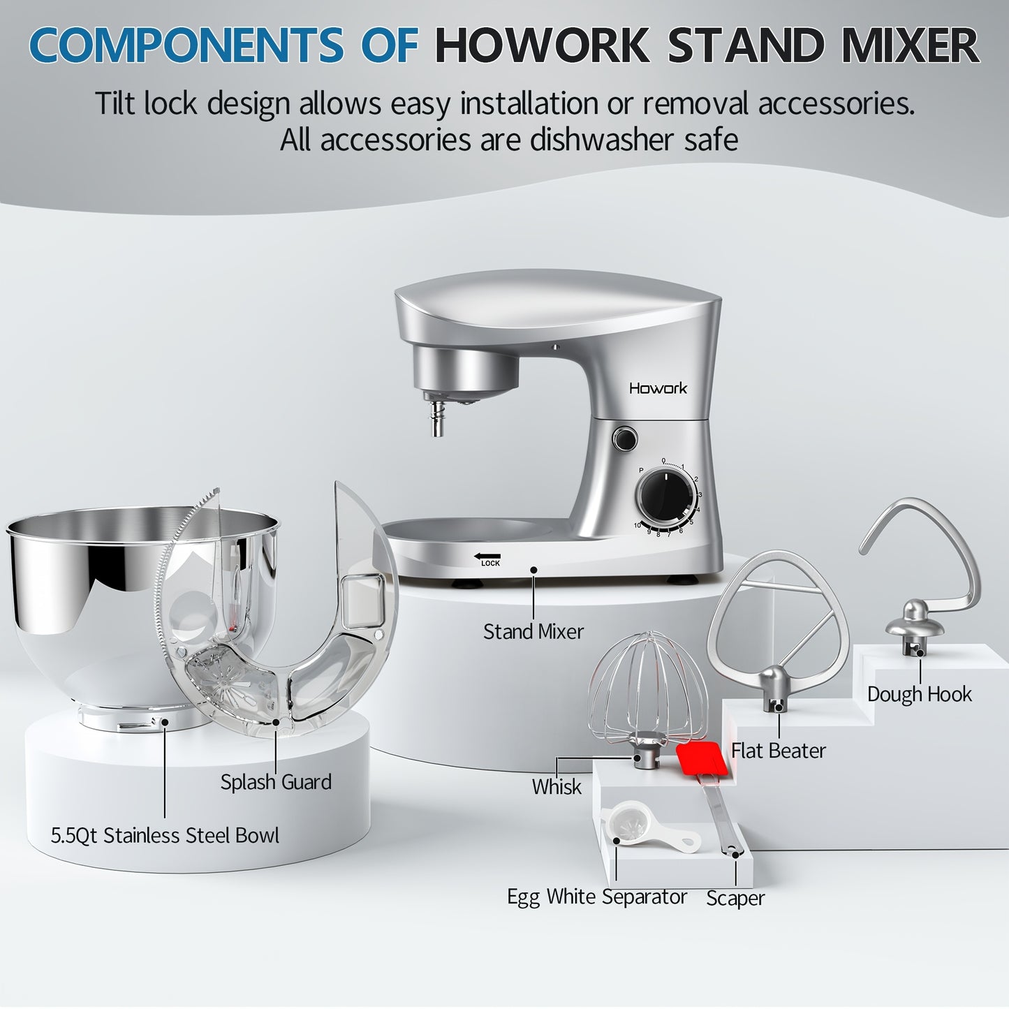 HOWORK Stand Mixer 10-Speed 5QT Electric Kitchen Mixer with Dishwasher-Safe Dough Hooks, Commercial Mixers, Flat Beaters, Wire Whip & Pouring Shield Attachments for Most Home Cooks