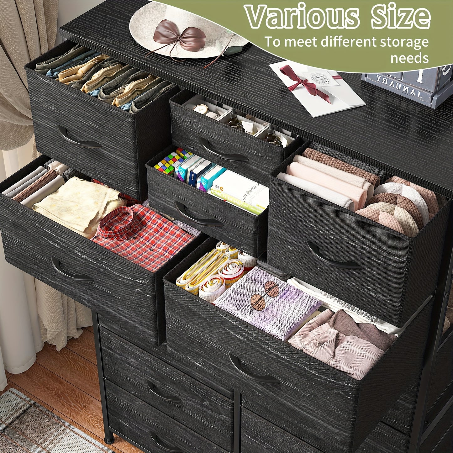 14-Drawer Tall Dresser with Metal Frame & Wood Top - 52" H Freestanding Storage Cabinet for Bedroom, Living Room, Entryway - Easy Assembly, No Power Needed, 11.8" D x 37" W, Tall Dresser for Bedroom, Home Organization, Contem
