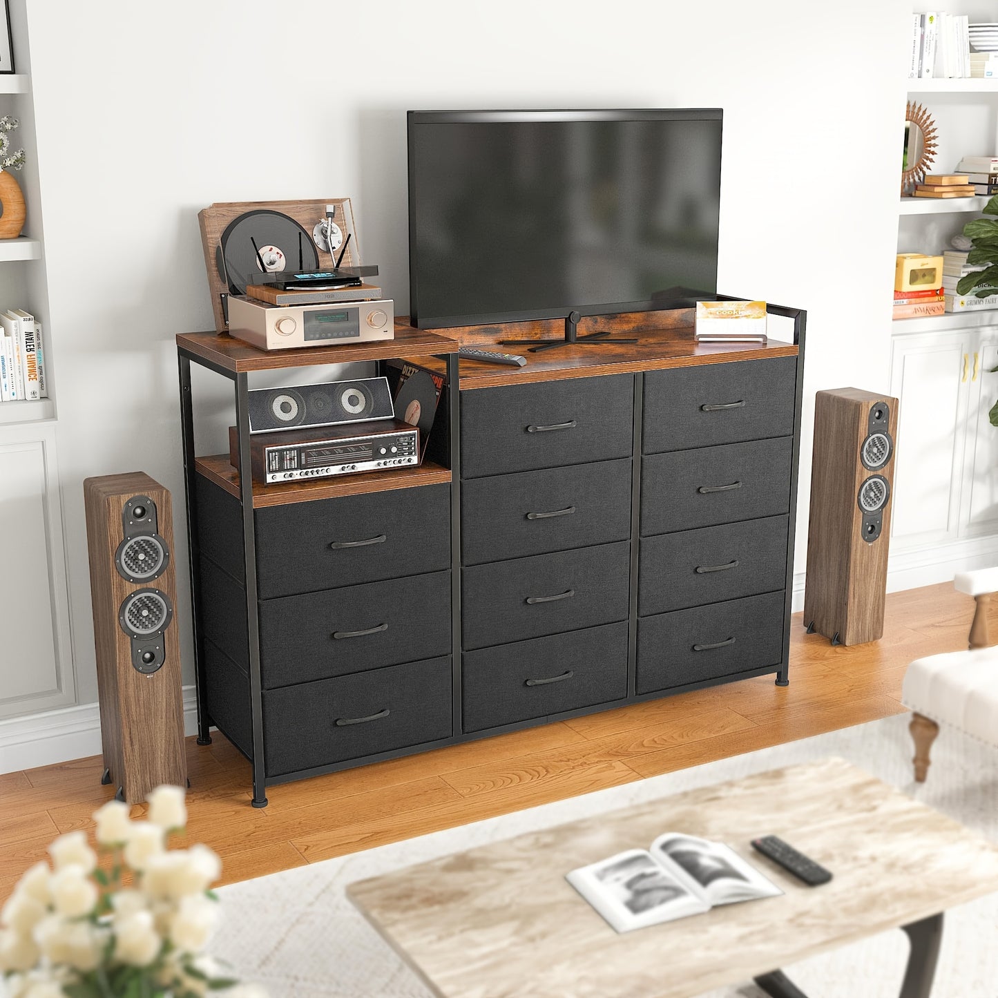 Modern Black Dresser - 11 Drawers, Metal Frame & Wood Top | Stylish Bedroom Storage with Shelves for Makeup Vanity or TV Stand