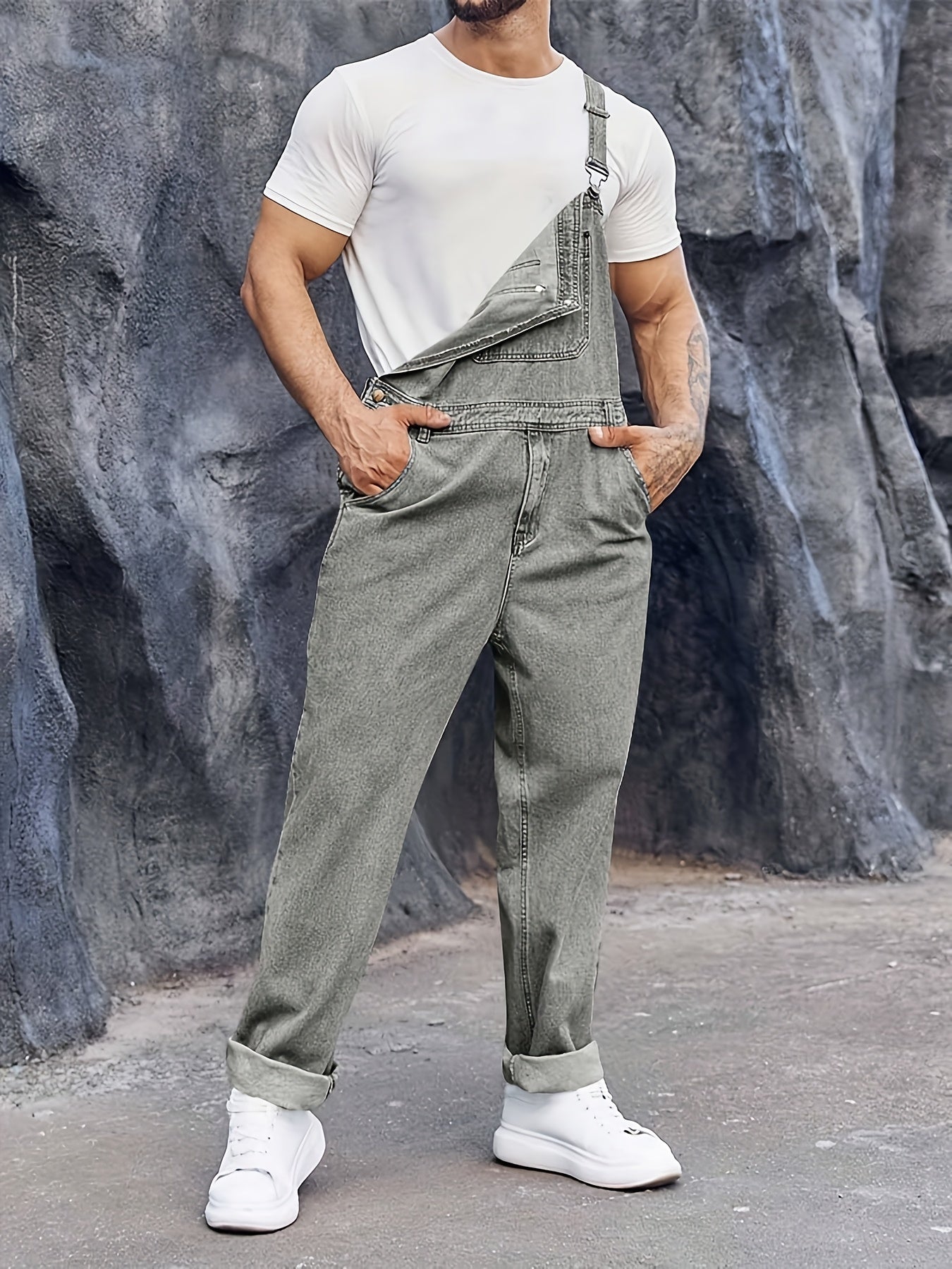 Men's Denim Bib Overalls Jeans Fashion Boot Cut Casual Slim Fit Adjustable Straps Jumpsuit