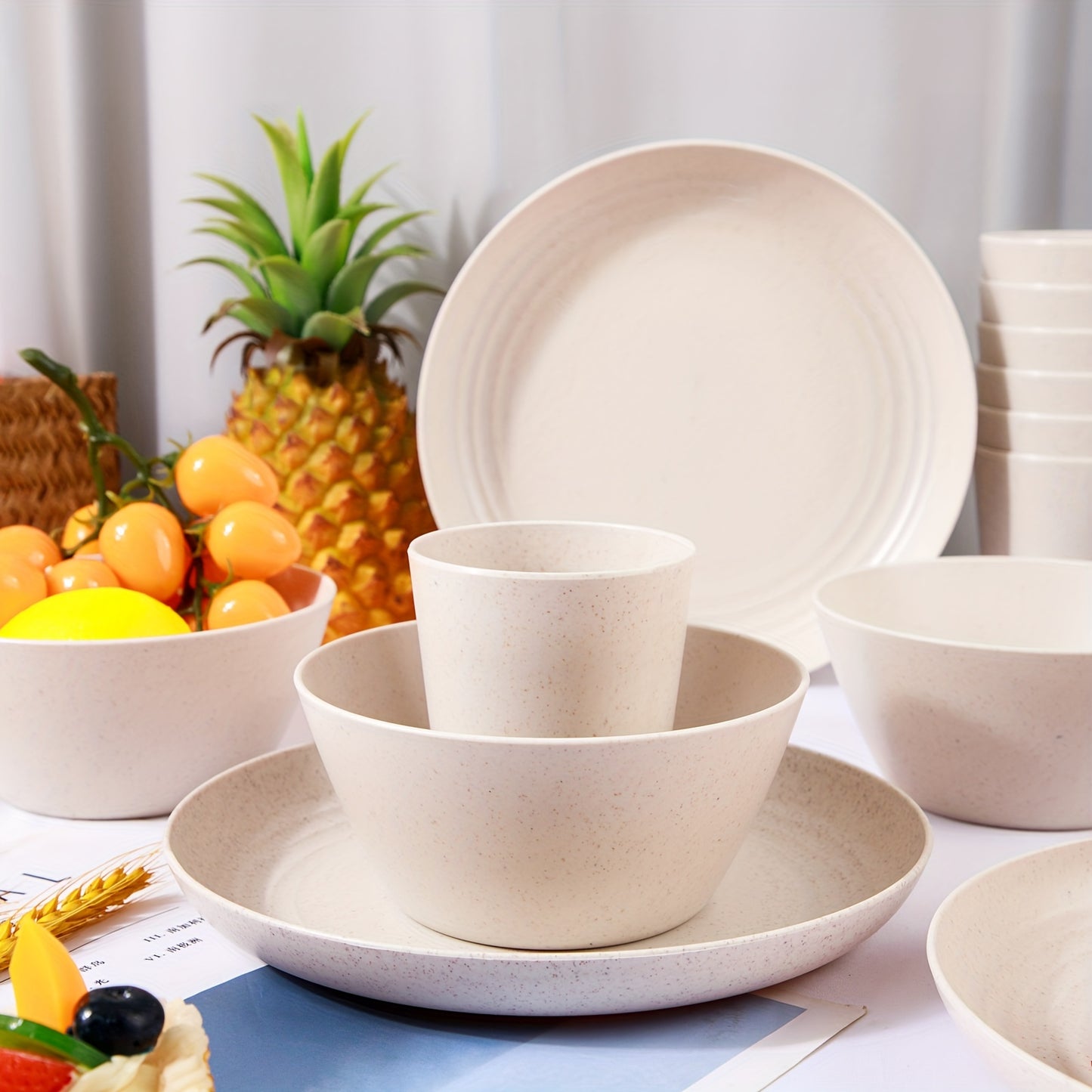 36 Piece Wheat Straw Dinnerware Set of 12 Reusable Plastic Beige Plates and Bowls Unbreakable Camping Dinnerware Set