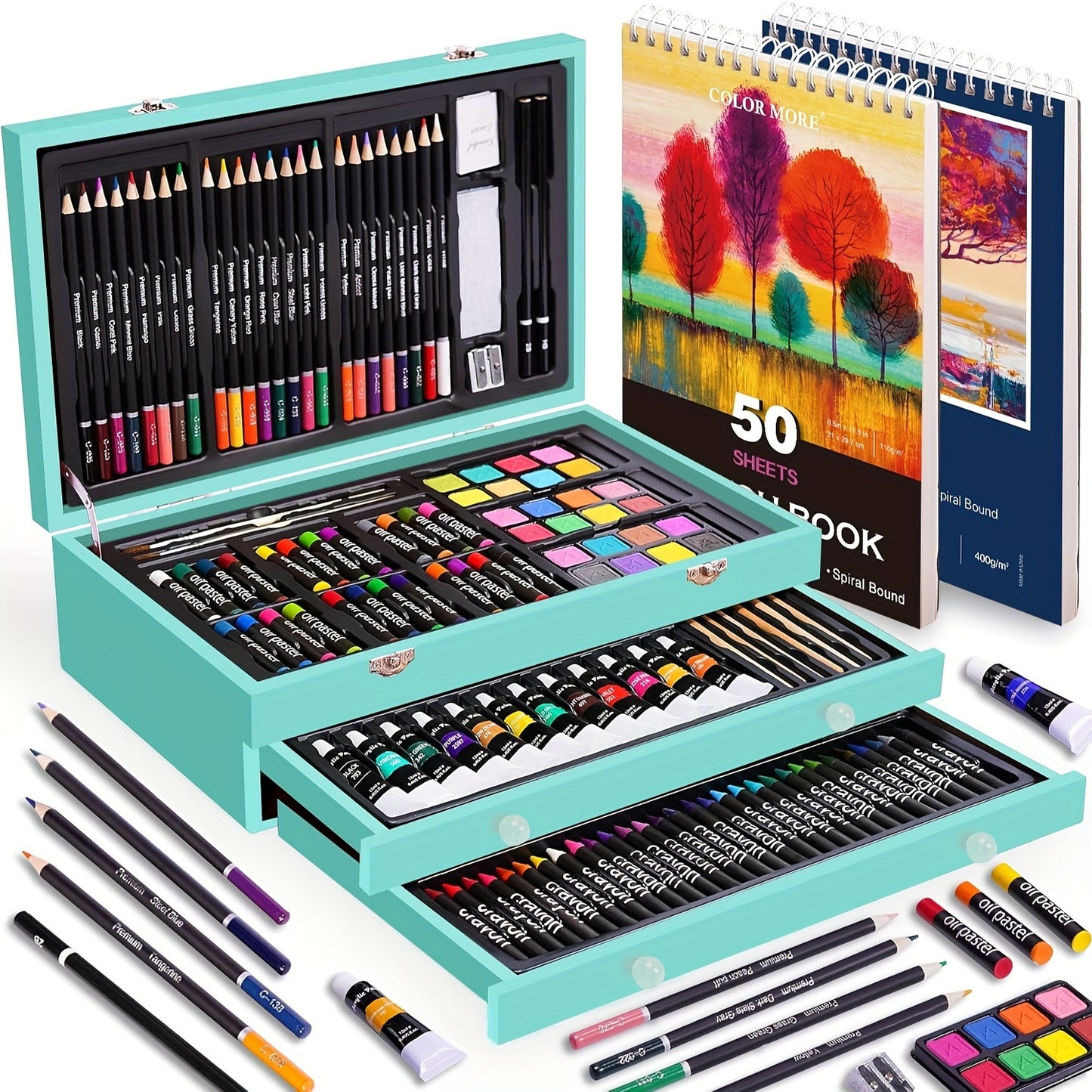 175pcs Deluxe Art Set With 2 Drawing Pads, Crayons, Acrylic Paints, Colored Pencils Set In Wooden Case, Professional Art Kit For Adults, Artist And Teen, Paint Supplies, Gift, Father'S Day Gift