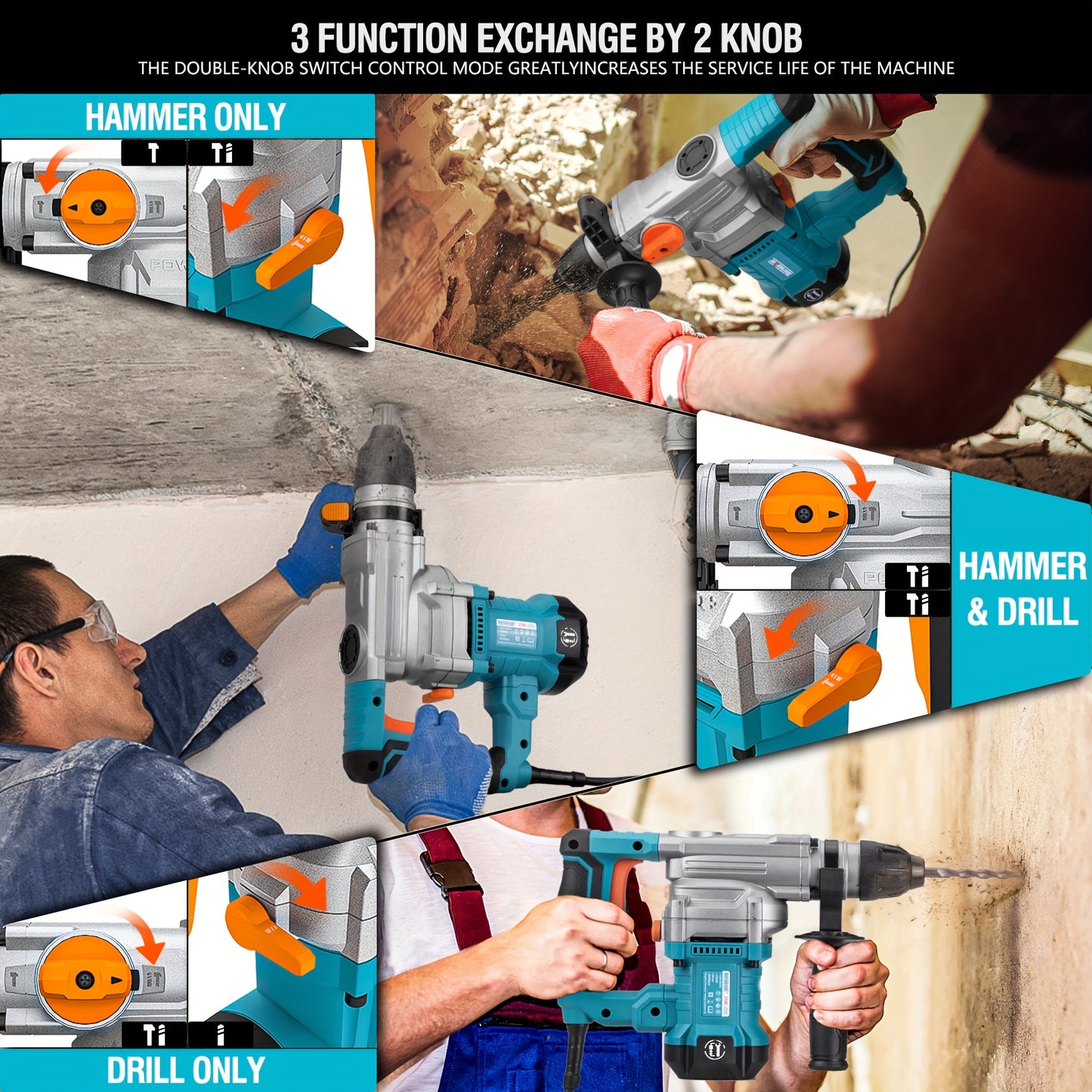 Berserker 25M 1-1/8" SDS Plus 26mm Rotary Hammer Drill, 1050W, 120V 60Hz, with Safety Clutch, 850 RPM & 4000 BPM, 3 Functions Corded Rotomartillo for Concrete - Includes Drill Chuck, 3 Drill Bits, Flat Chisel, Point Chisel, C