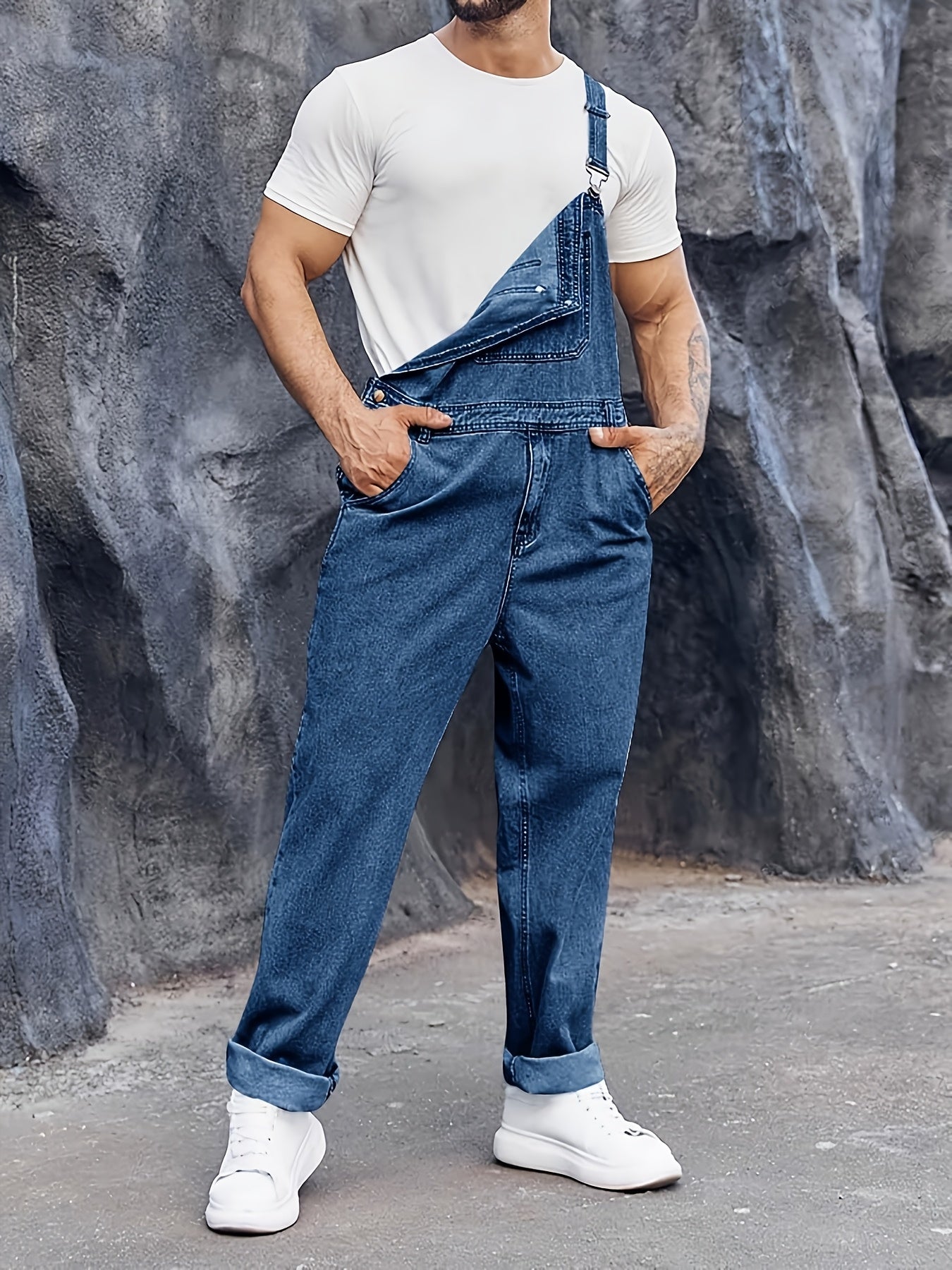 Men's Denim Bib Overalls Jeans Fashion Boot Cut Casual Slim Fit Adjustable Straps Jumpsuit