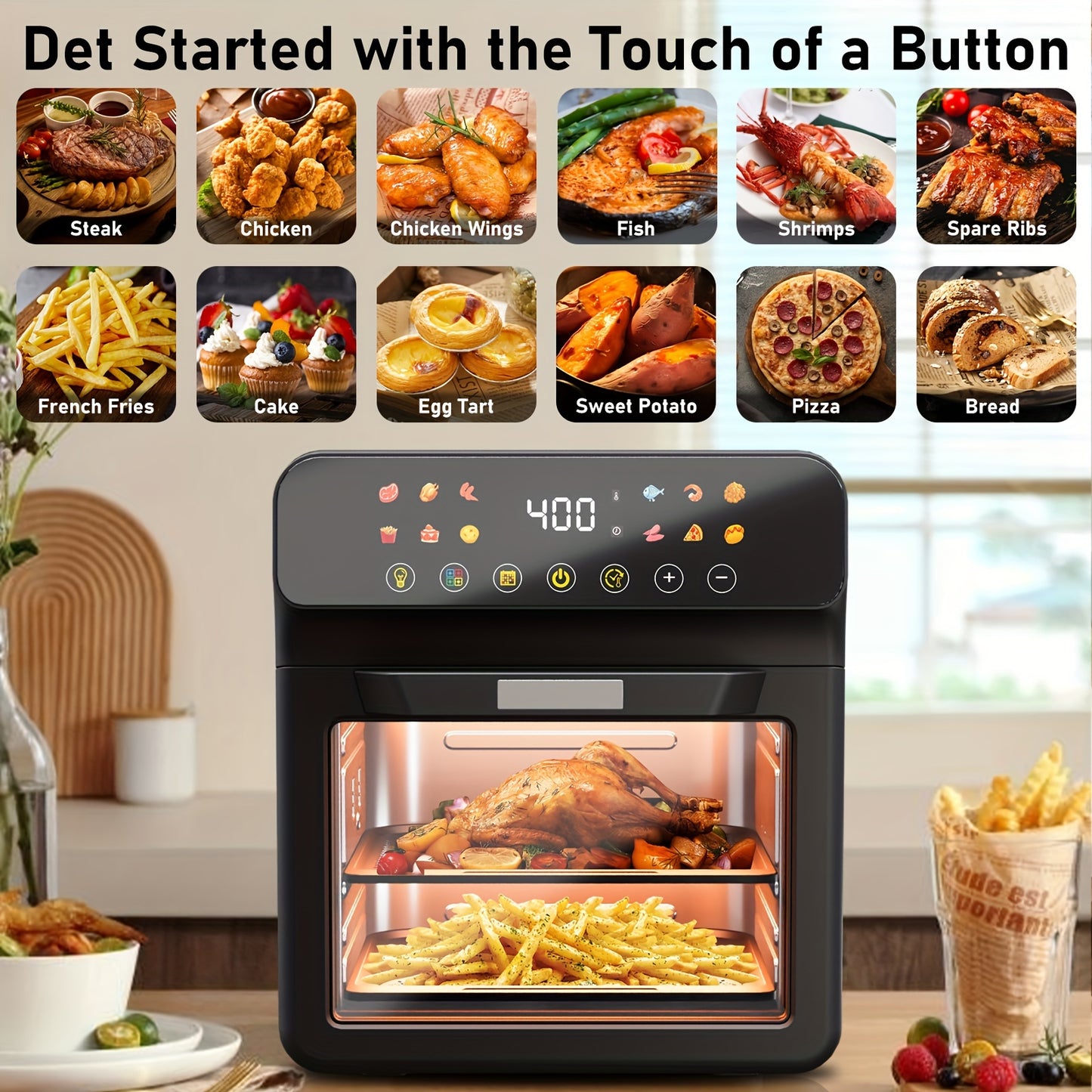 Healthy Choice 12QT Air Fryer Convection Oven - 10-in-1 Multi Function, Visible Window, Touchscreen, Easy To Clean, One-Touch Operation - Black