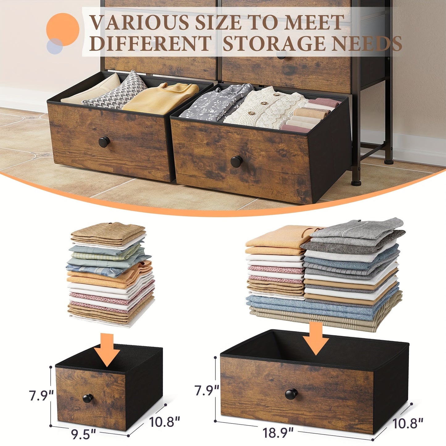 12-Drawer Rustic Brown Fabric Dresser with Wood Top and Metal Frame for Bedroom and Living Room