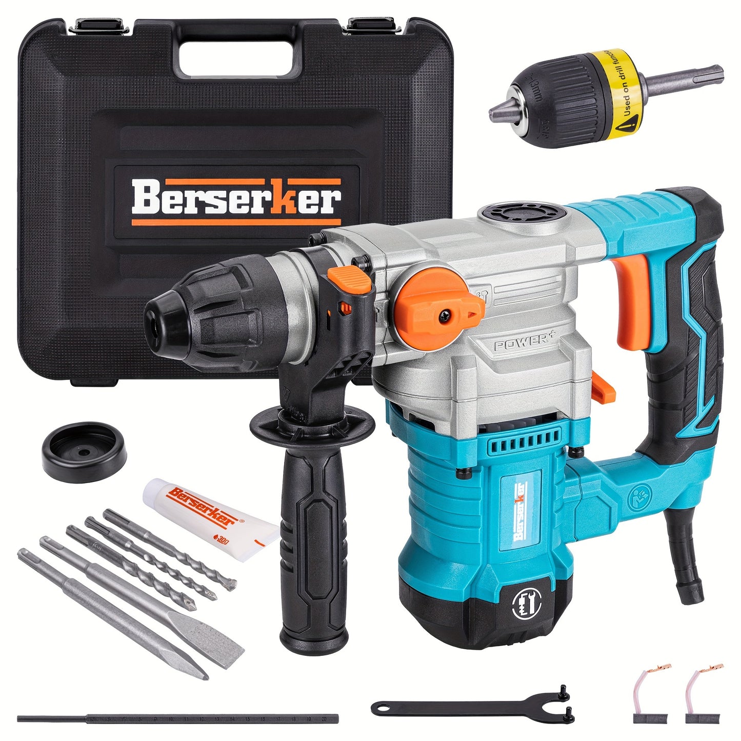 Berserker 25M 1-1/8" SDS Plus 26mm Rotary Hammer Drill, 1050W, 120V 60Hz, with Safety Clutch, 850 RPM & 4000 BPM, 3 Functions Corded Rotomartillo for Concrete - Includes Drill Chuck, 3 Drill Bits, Flat Chisel, Point Chisel, C