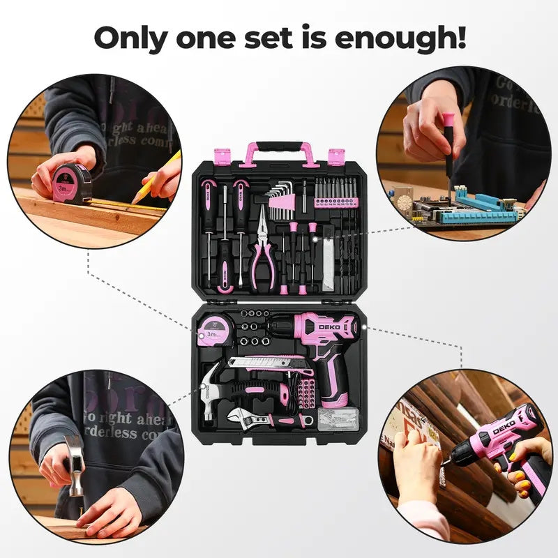DEKO 126PCS Pink Power Tools Box With 8V Cordless Drill / Driver, Tape Measure, Hammer, Screwdriver Set and Precision Tool, Portable Hand Toolbox for Garden, DIY Home Projects, Outdoor Repairs, Camping, Woodworking Tools and