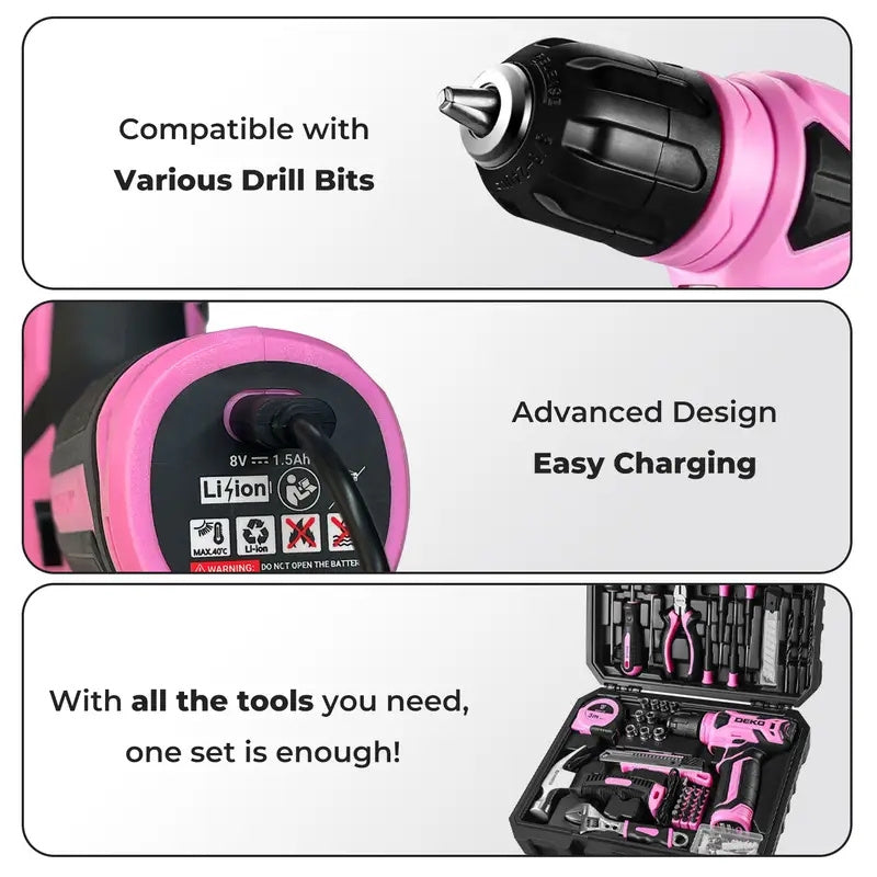 DEKO 126PCS Pink Power Tools Box With 8V Cordless Drill / Driver, Tape Measure, Hammer, Screwdriver Set and Precision Tool, Portable Hand Toolbox for Garden, DIY Home Projects, Outdoor Repairs, Camping, Woodworking Tools and