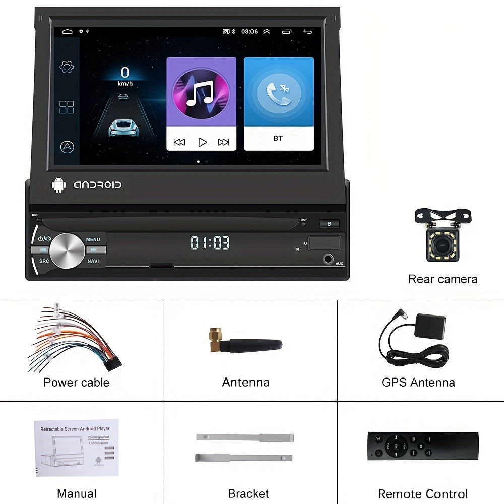 Podofo 2G 32G Single Din Android Car Stereo With Wireless CarPlayer Android Auto 7 Inch Flip Out Touch Screen GPS Navigation Wireless WiFi Head Unit FM Mirror Link Video Out DVR SWC+ Backup Camera