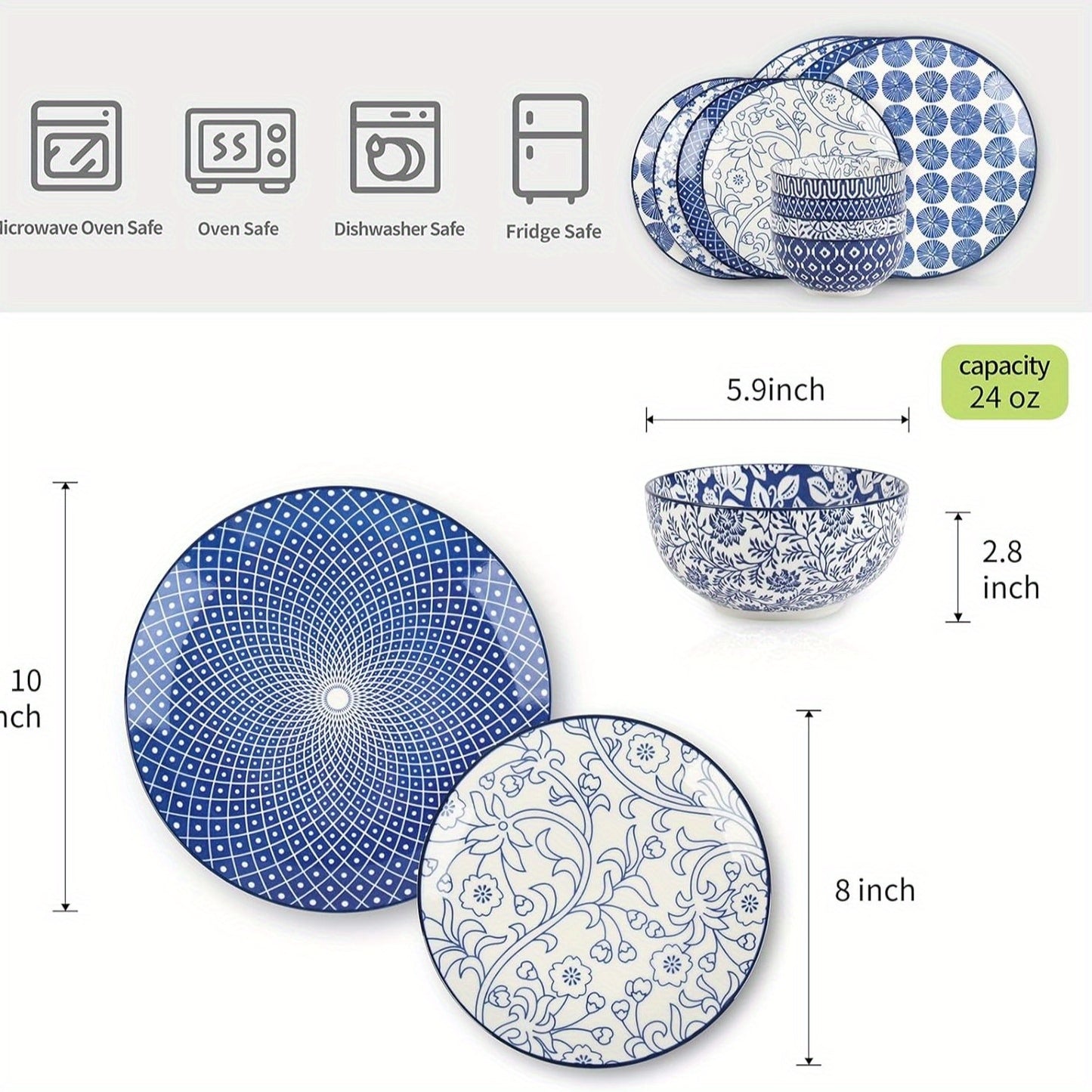 12 or 24 Pieces Ceramic Dinnerware Set Blue and White Porcelain Plates and Bowls Dishwasher Microwave and Oven Safe Scratch Resistant Healthy Tableware for Restaurant and Home Kitchen Elegant Gift for Valentines and Weddings