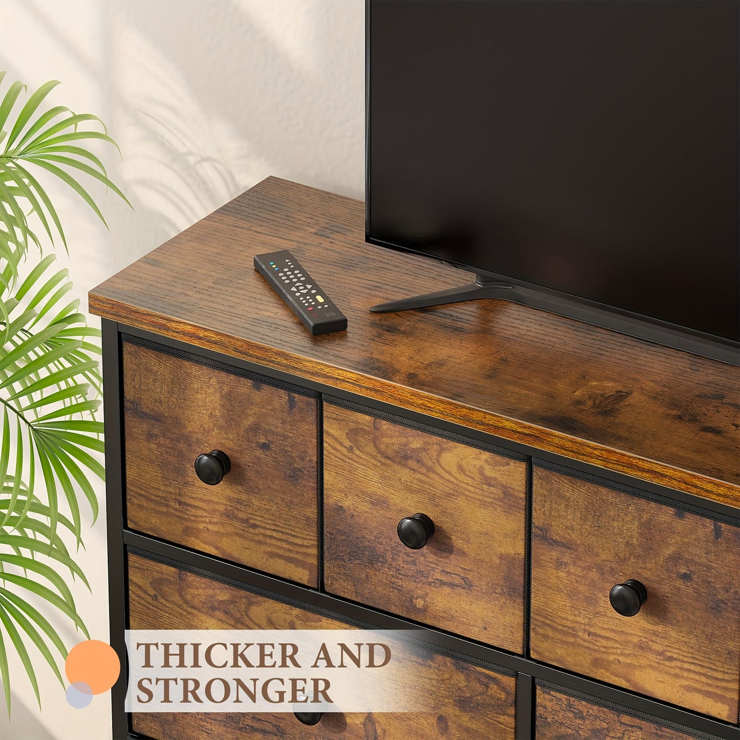 12-Drawer Rustic Brown Fabric Dresser with Wood Top and Metal Frame for Bedroom and Living Room