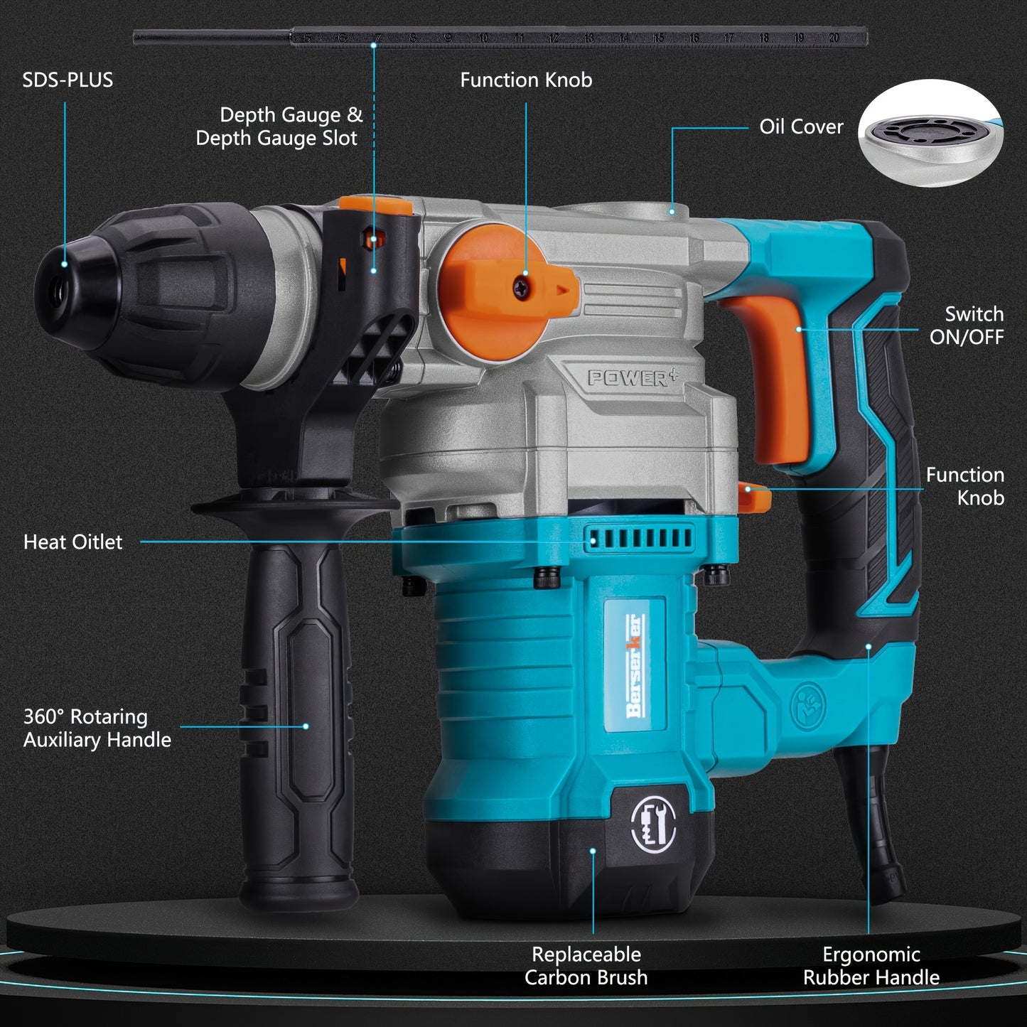 Berserker 25M 1-1/8" SDS Plus 26mm Rotary Hammer Drill, 1050W, 120V 60Hz, with Safety Clutch, 850 RPM & 4000 BPM, 3 Functions Corded Rotomartillo for Concrete - Includes Drill Chuck, 3 Drill Bits, Flat Chisel, Point Chisel, C