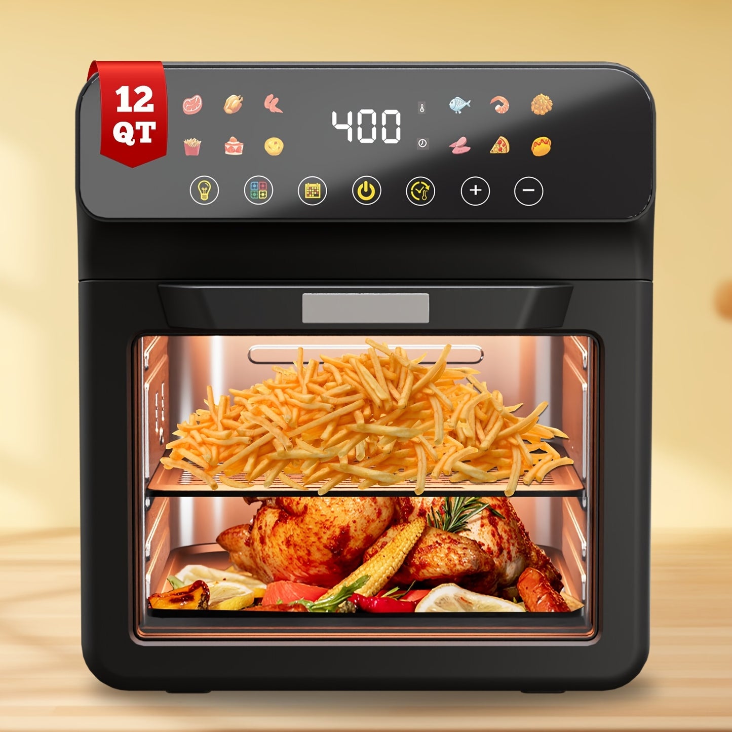 Healthy Choice 12QT Air Fryer Convection Oven - 10-in-1 Multi Function, Visible Window, Touchscreen, Easy To Clean, One-Touch Operation - Black