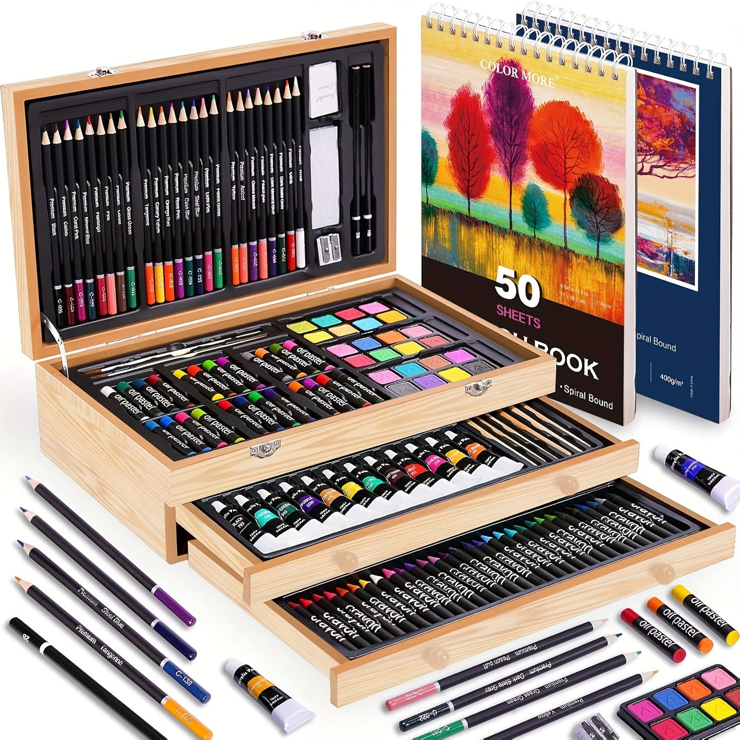 175pcs Deluxe Art Set With 2 Drawing Pads, Crayons, Acrylic Paints, Colored Pencils Set In Wooden Case, Professional Art Kit For Adults, Artist And Teen, Paint Supplies, Gift, Father'S Day Gift