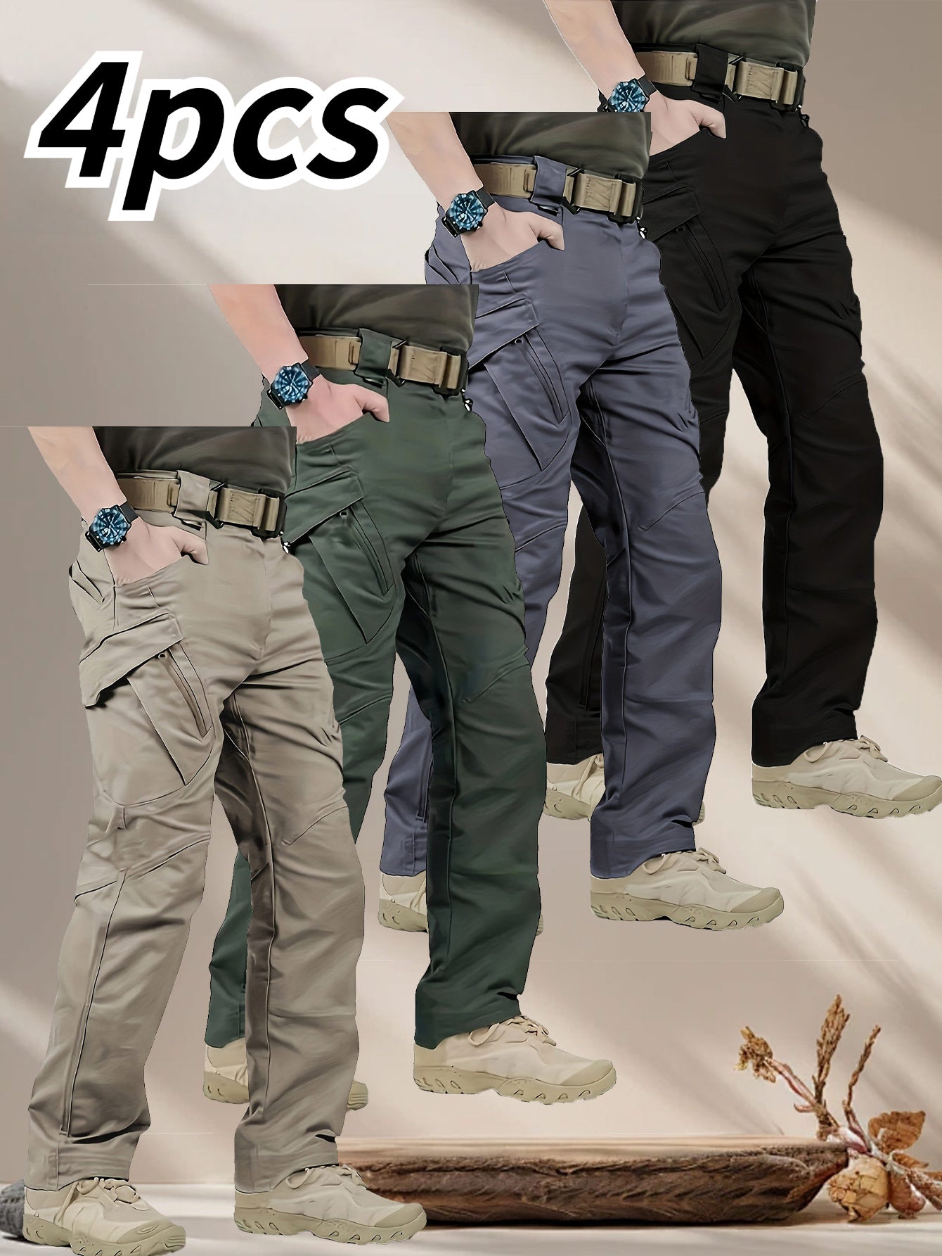 4 Pairs Men's High Performance Tactical Cargo Pants Durable Tear Resistant Fabric Multi Pocket Design All Season Regular Fit for Outdoor Hiking Camping Training and Construction Work