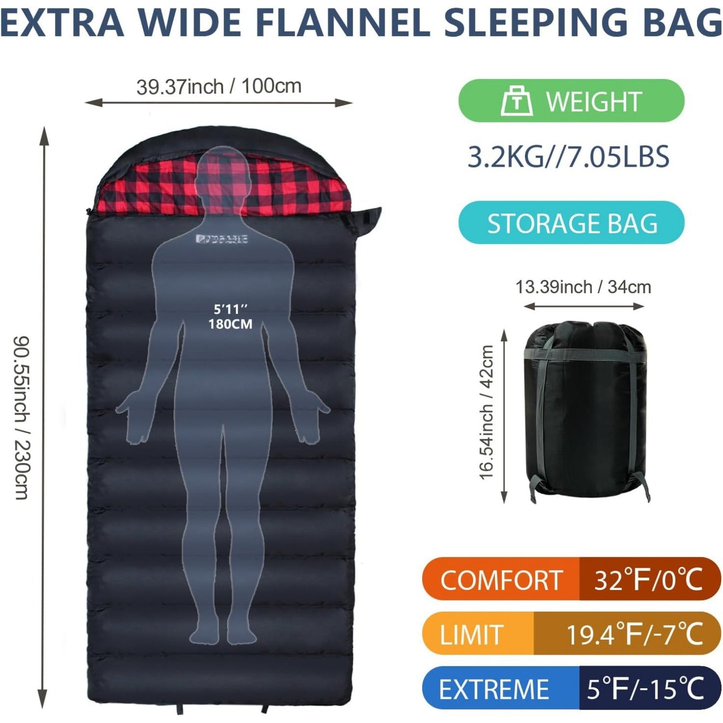 0 Degree Flannel XXL Oversized Sleeping Bag for Adults All Seasons Camping with Compression Sack
