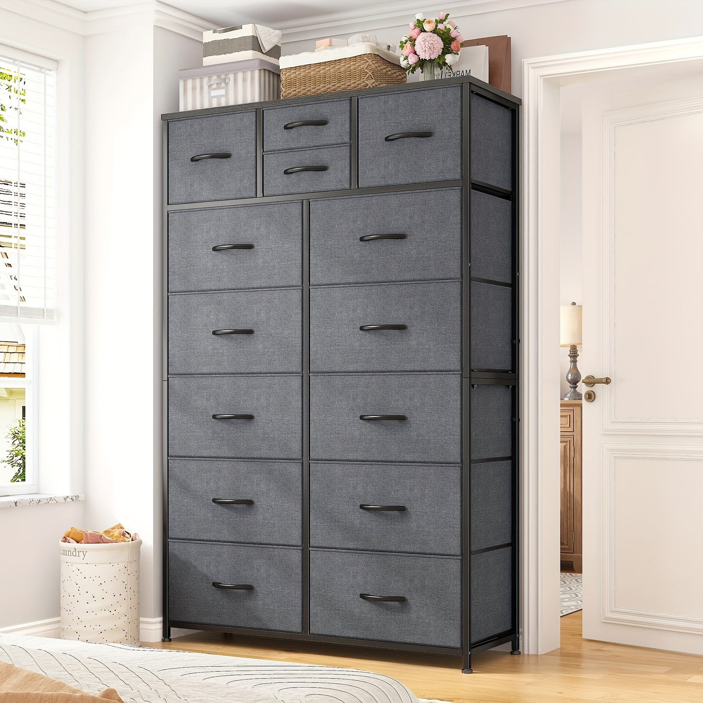 14-Drawer Tall Dresser with Metal Frame & Wood Top - 52" H Freestanding Storage Cabinet for Bedroom, Living Room, Entryway - Easy Assembly, No Power Needed, 11.8" D x 37" W, Tall Dresser for Bedroom, Home Organization, Contem