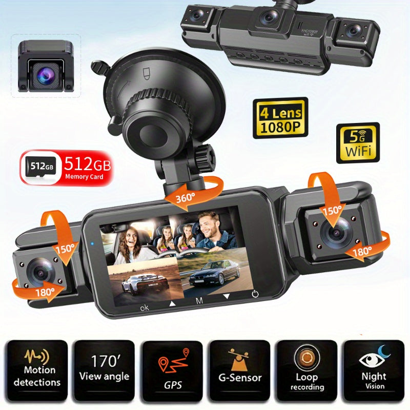 512GB Free Memory Card Car Dash Cam with 3" IPS Screen, GPS, Night Vision, G-Sensor, Loop Recording, WiFi, Ultra-Wide Angle Front/Rear/Left/Right Cameras, Motion Detection, Free 64GB SD Card, Vehicle Security Monitor | Modern