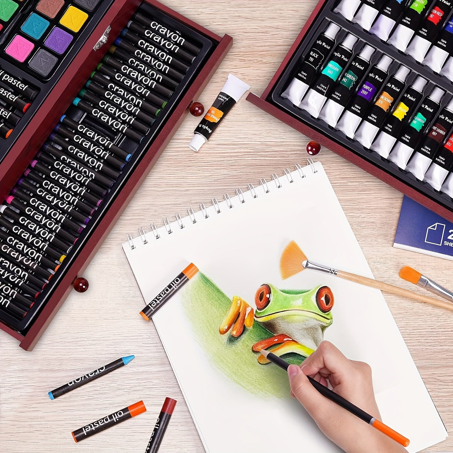 175pcs Deluxe Art Set With 2 Drawing Pads, Crayons, Acrylic Paints, Colored Pencils Set In Wooden Case, Professional Art Kit For Adults, Artist And Teen, Paint Supplies, Gift, Father'S Day Gift