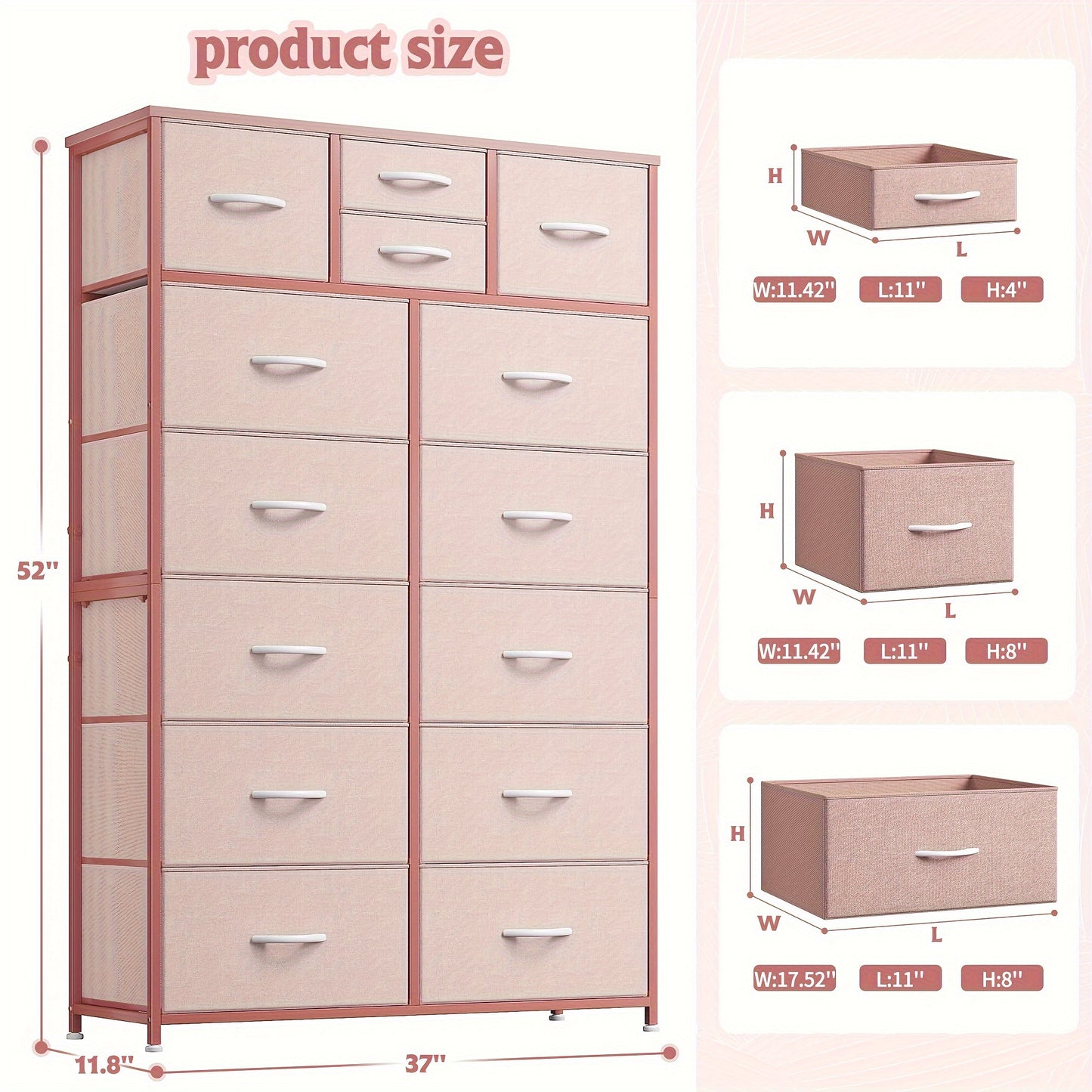 14-Drawer Tall Dresser with Metal Frame & Wood Top - 52" H Freestanding Storage Cabinet for Bedroom, Living Room, Entryway - Easy Assembly, No Power Needed, 11.8" D x 37" W, Tall Dresser for Bedroom, Home Organization, Contem