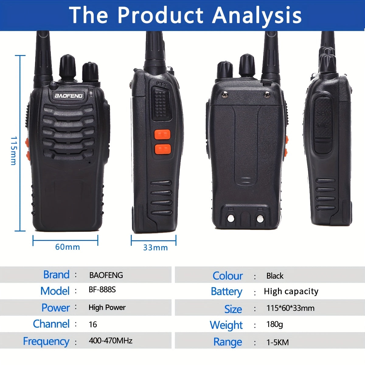 4 Pack Walkie Talkies Baofeng BF-888S Wireless Two Way Radios 16 Channels 400-480MHZ Rechargeable Handheld Long Range Power Flashlight for Adults with Earpieces Outdoor Equipment for Skiing Camping and Hunting