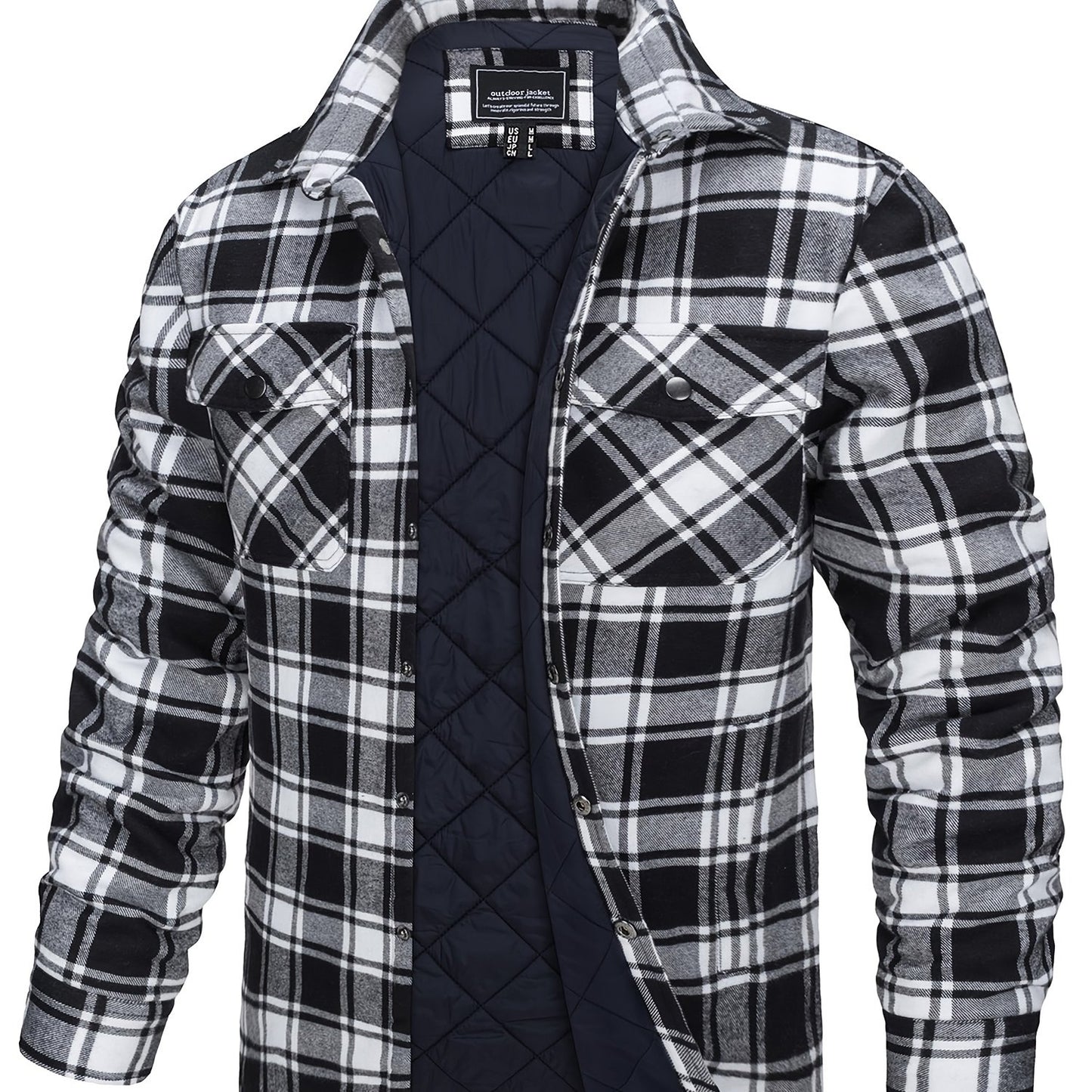 Men's Plaid Flannel Shacket Fleece Lined Quilted Long Sleeve Button Jacket with Dual Chest Pockets Cozy and Stylish for Casual Wear College Travel Parties Street Fashion Jacket Classic Plaid Design