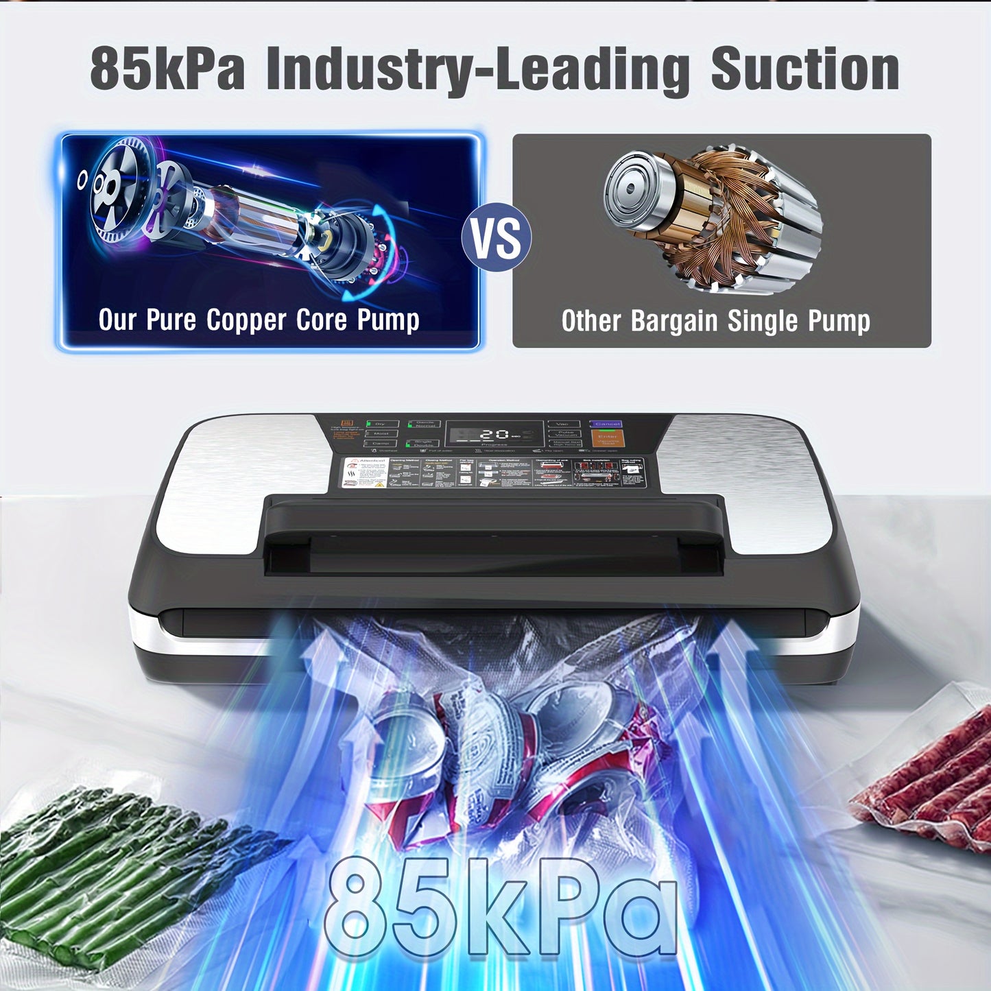 85kPa Food Vacuum Sealer Machine - 12-in-1, Easy Lock, Double Heat Seal, with Built-in Cutter, Bag Storage, 1 Roll & 10 Pre-cut Bags
