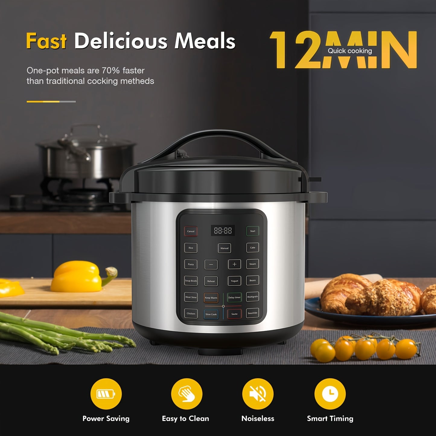 12-in-1 Stainless Steel Electric Pressure Cooker & Warmer - 6/8 Quart Multi-Cooker with Sterilizer, Saute, and Timer Functions, Black Lid, Perfect for Healthy Cooking and Meal Prep, Kitchen Appliance | Sleek Kitchenware | Hig