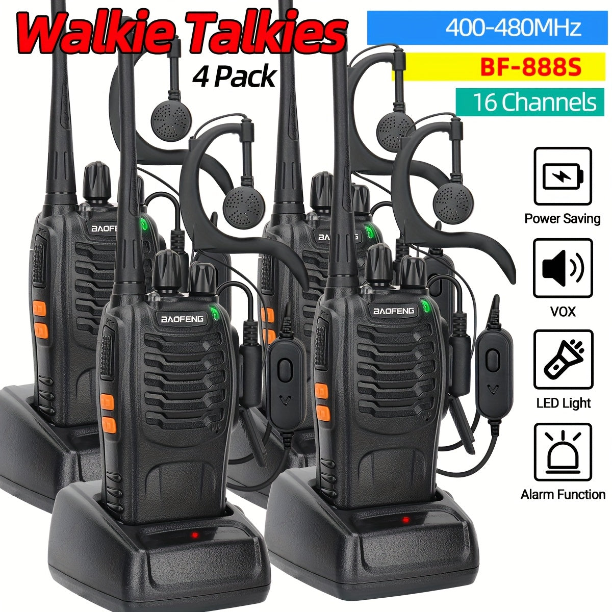 4 Pack Walkie Talkies Baofeng BF-888S Wireless Two Way Radios 16 Channels 400-480MHZ Rechargeable Handheld Long Range Power Flashlight for Adults with Earpieces Outdoor Equipment for Skiing Camping and Hunting