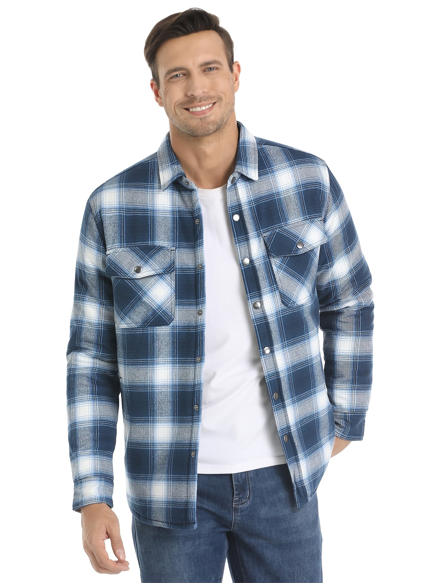 Men's Plaid Flannel Shacket Fleece Lined Quilted Long Sleeve Button Jacket with Dual Chest Pockets Cozy and Stylish for Casual Wear College Travel Parties Street Fashion Jacket Classic Plaid Design