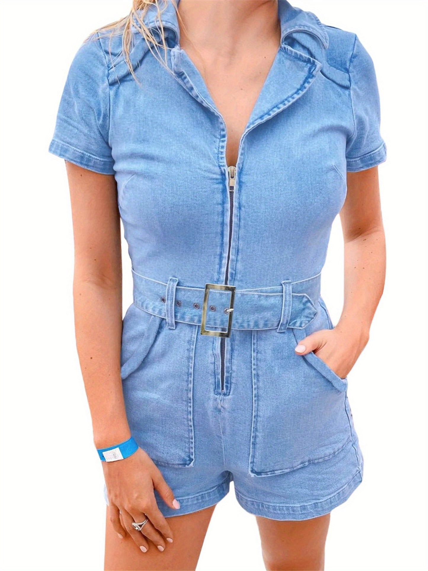 Women's Short Sleeve Denim Romper - Zip-Up Belted Waist Casual Jumpsuit with Pockets, Plain Washed Blue Jeans for Spring Summer Fall, Versatile Day to Night Outfit, Denim Jumpsuit, Solid Color Design, Fall Fashion, Durable Fa