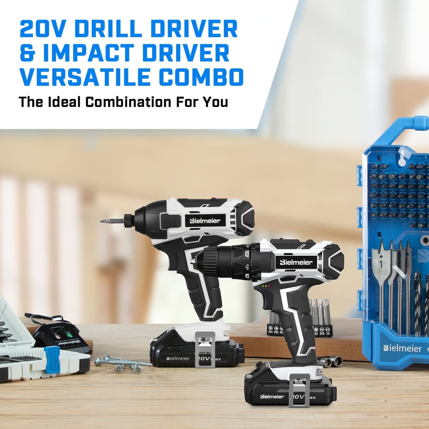 20V Cordless Drill Sets Combo Kit | 3/8" Drill and 1/4" Impact Driver Set | 33pcs Drill Bit Set | LED Light, Charger, Battery Pack | Home Repair