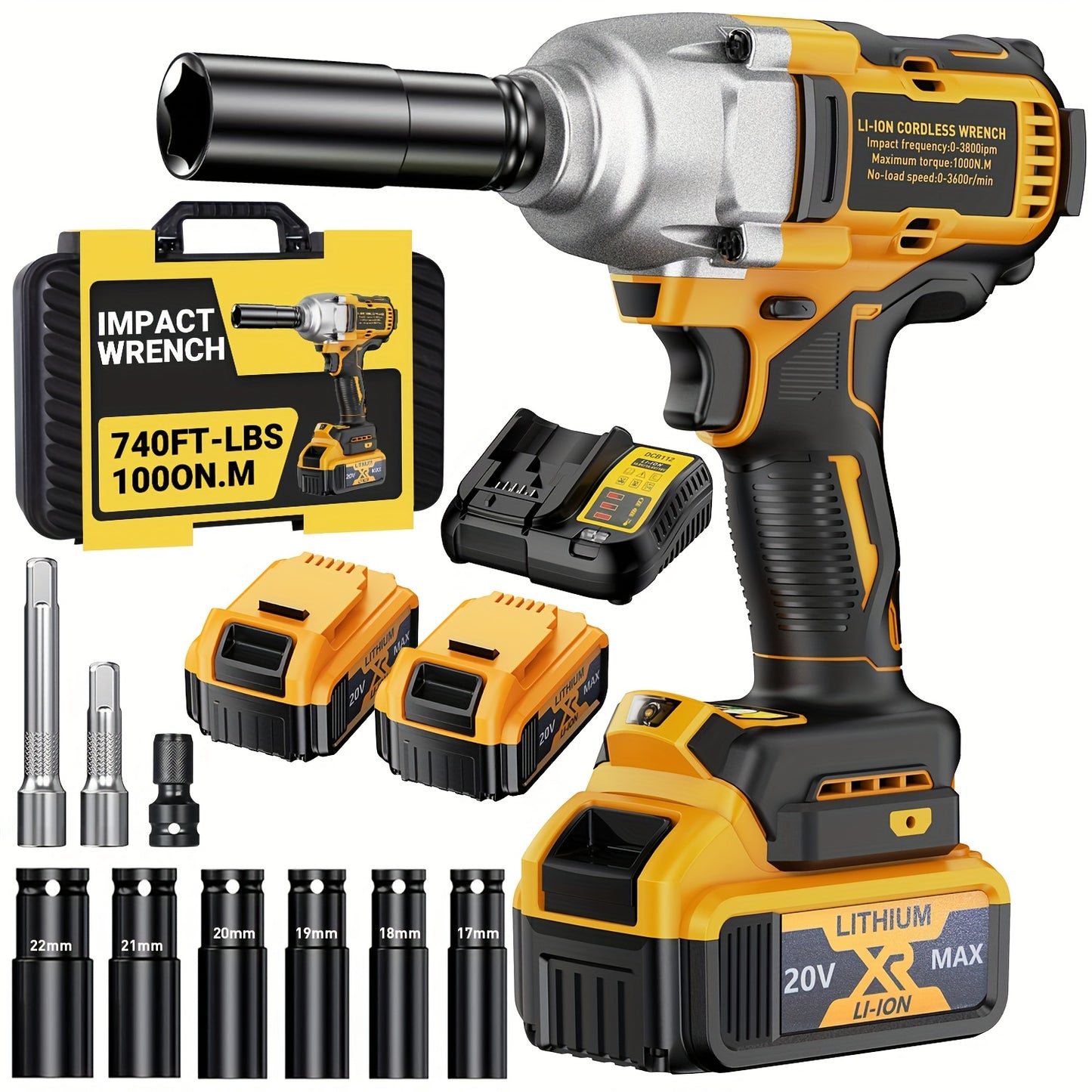Automobile Maintenance Tools1/2" 20V Brushless Impact Wrench 1000N.m - 3-Speed 3300RPM Industrial Beast- Auto-Stop Reverse, Smart LED Dashboard & Heat Vents - For Semi-Truck Tires, Heavy Machinery, Steel Construction (Mechani